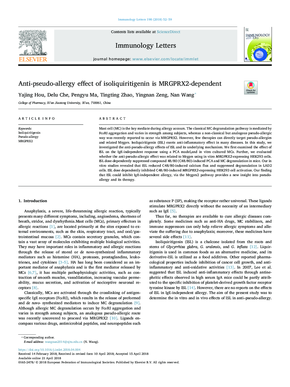 Anti-pseudo-allergy effect of isoliquiritigenin is MRGPRX2-dependent