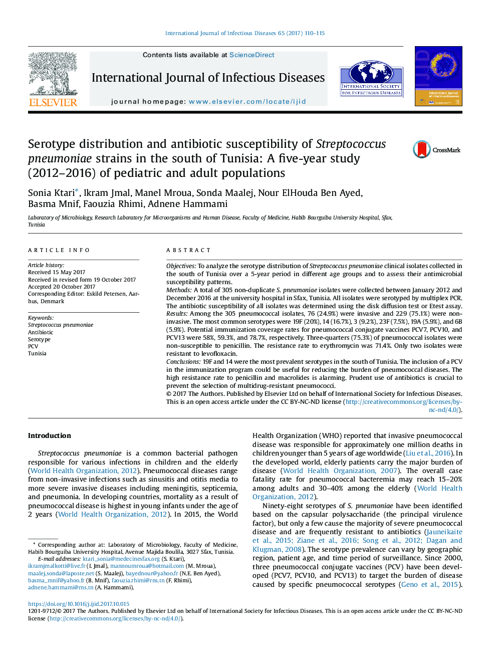 توزیع سروتیپ و حساسیت آنتی بیوتیک به سوپ استرپتوکوک پنومونیه در جنوب تونس: مطالعه پنج ساله (2012-2016) جمعیت کودکان و بزرگسالان 