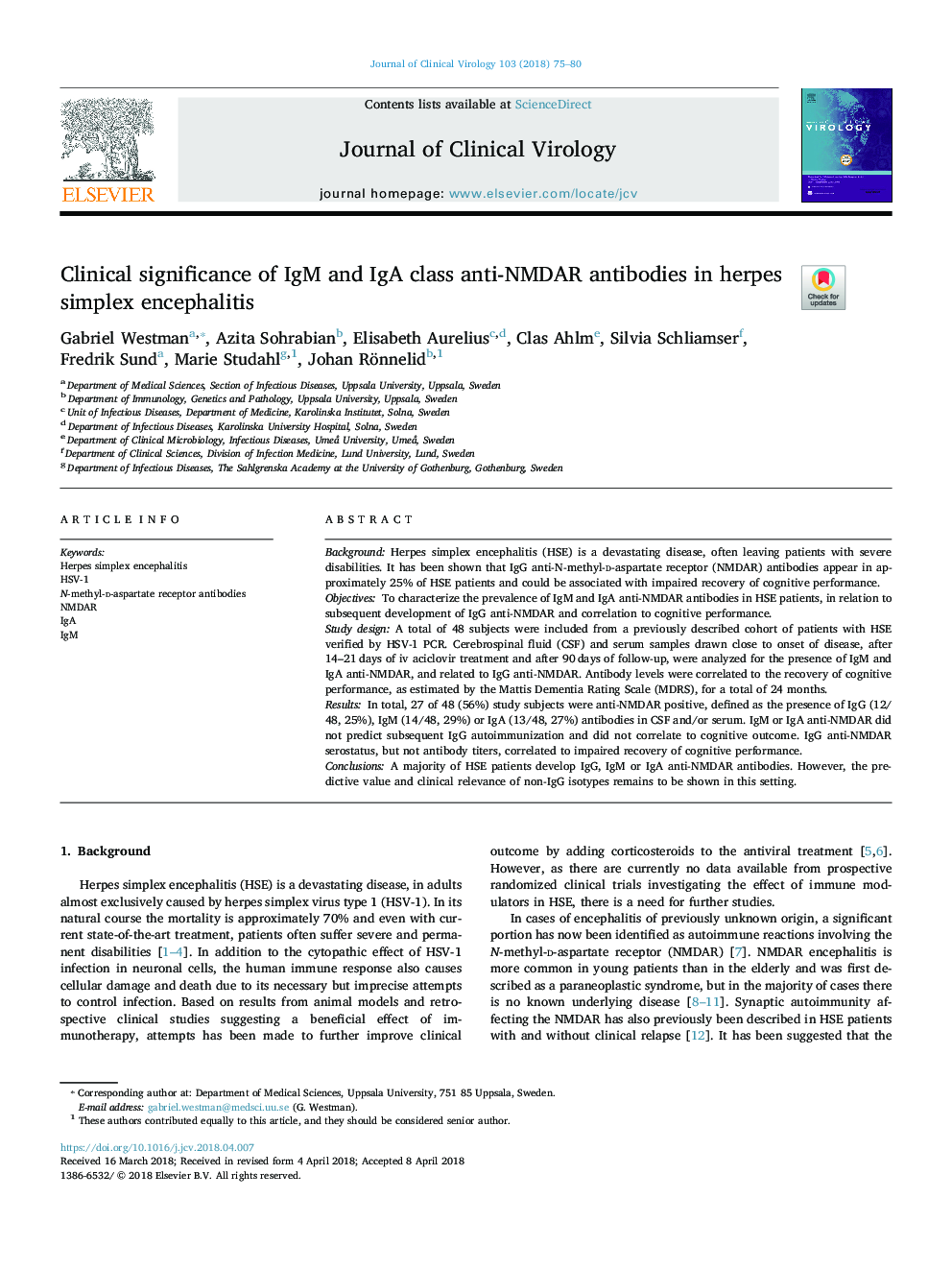 Clinical significance of IgM and IgA class anti-NMDAR antibodies in herpes simplex encephalitis