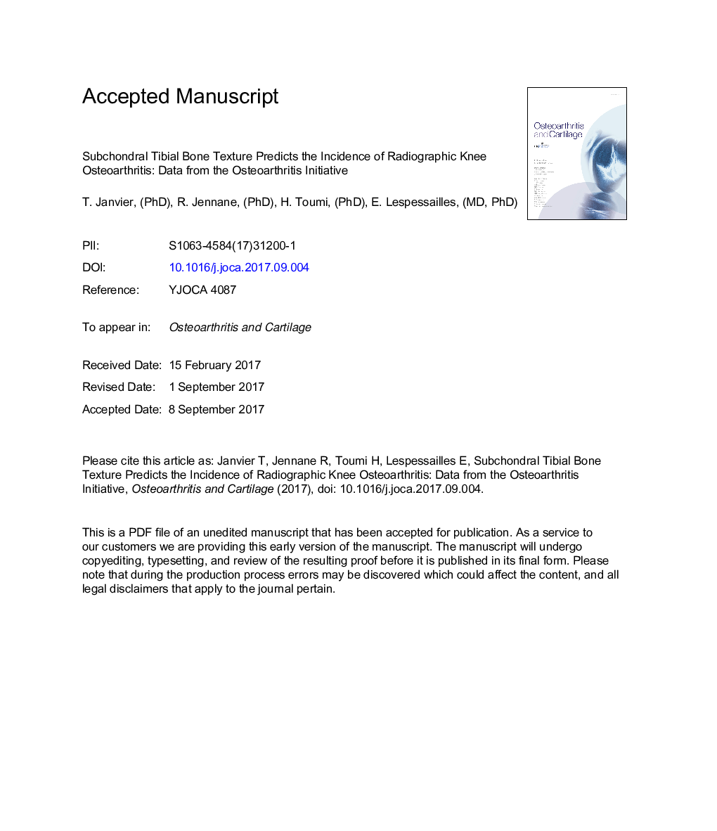 بافت استخوانی تیبای ساب کاناندر، میزان بروز استئوآرتریت زانو رادیوگرافی را پیش بینی می کند: داده ها از ابتلا به استئوآرتریت 