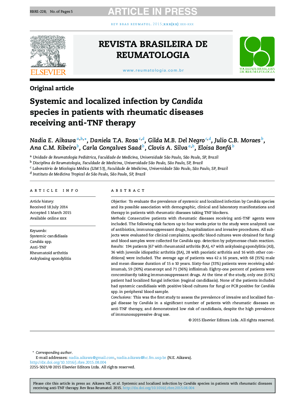 Systemic and localized infection by Candida species in patients with rheumatic diseases receiving anti-TNF therapy
