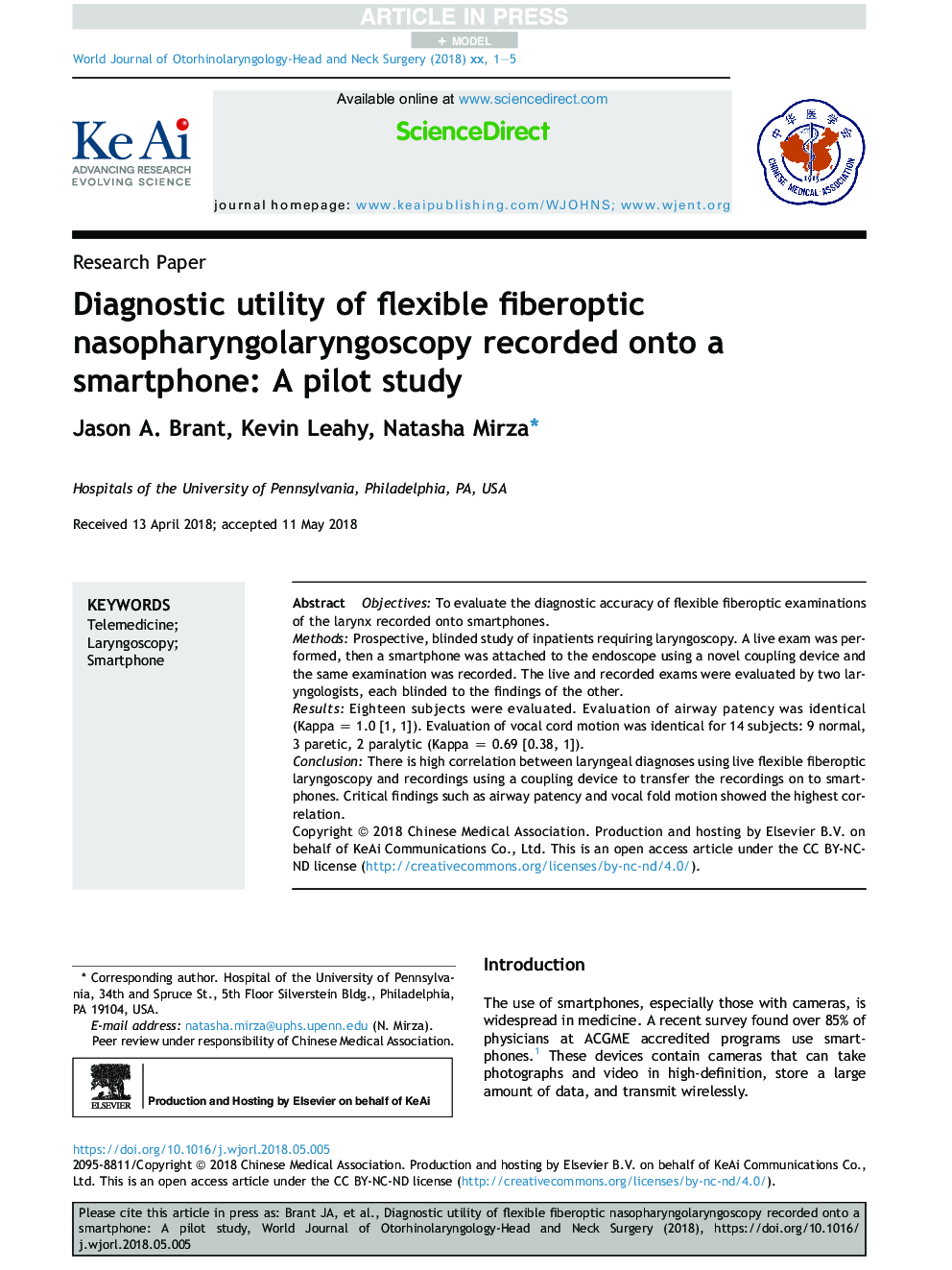 Diagnostic utility of flexible fiberoptic nasopharyngolaryngoscopy recorded onto a smartphone: A pilot study