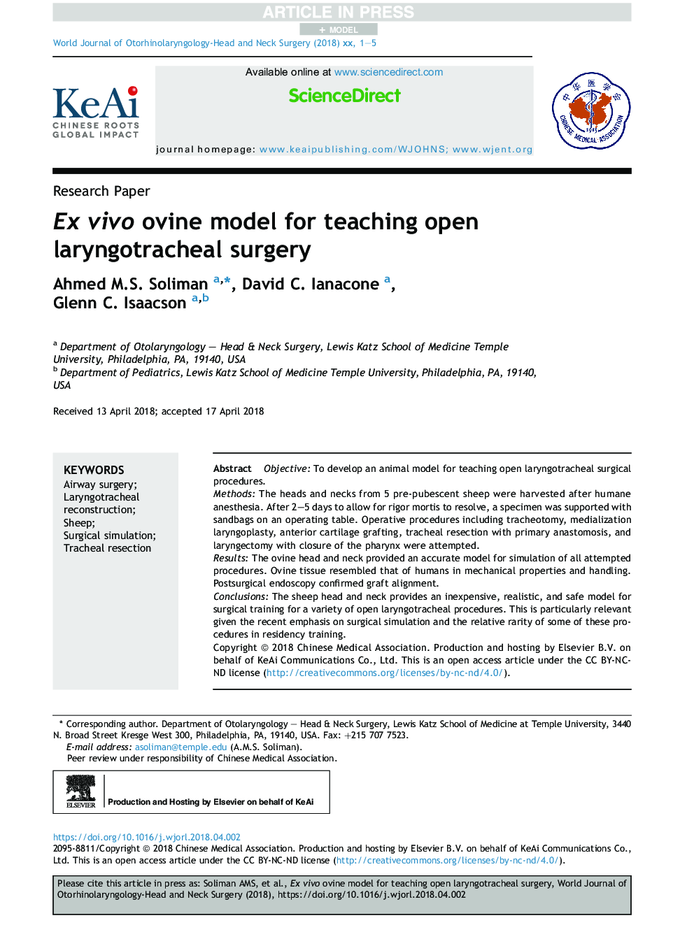 Ex vivo ovine model for teaching open laryngotracheal surgery