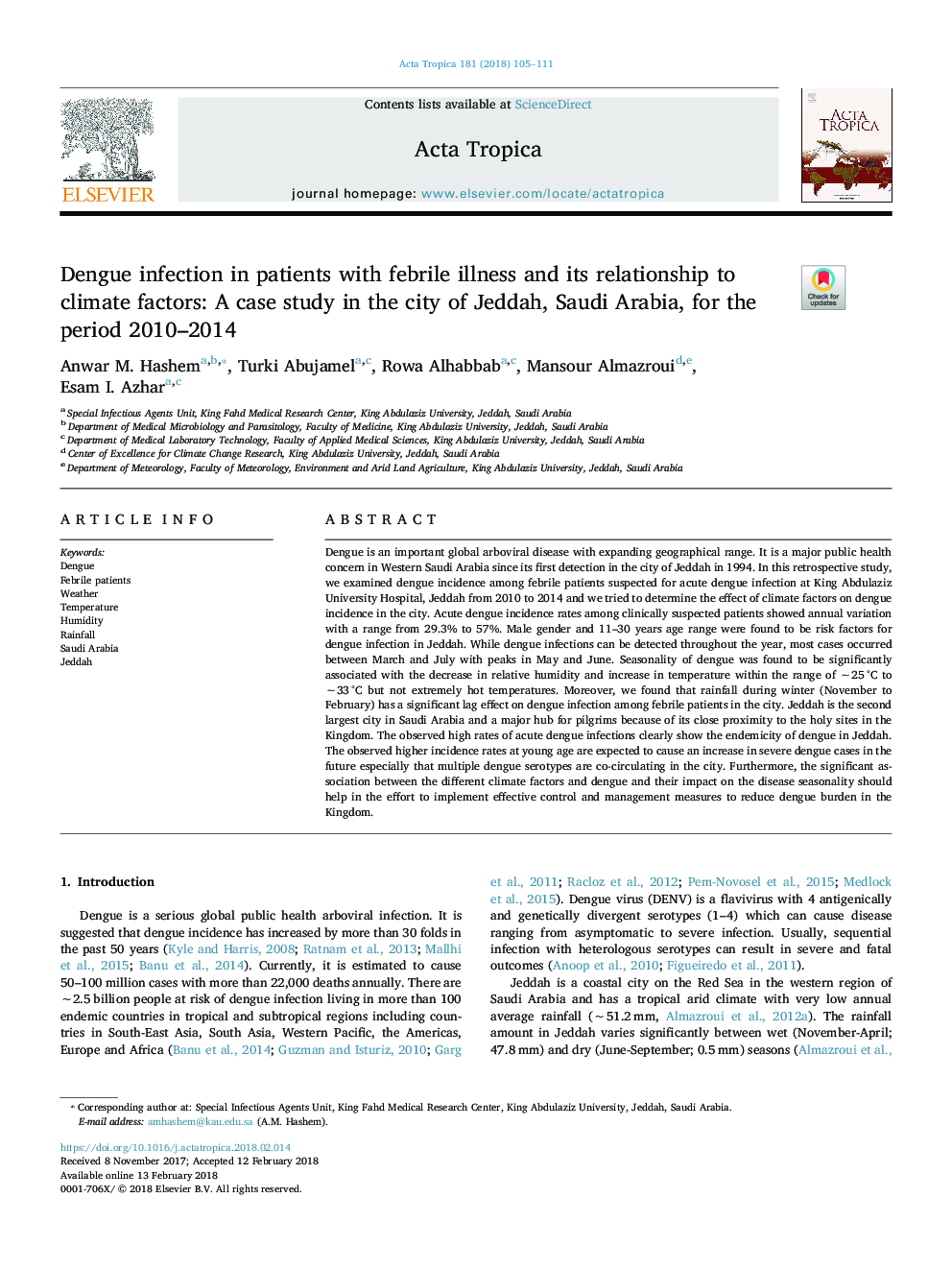 عفونت دونگ در بیماران مبتلا به بیماری تب و رابطه آن با عوامل محیطی: مطالعه موردی در شهر جده، عربستان سعودی، در دوره 2010-2014 