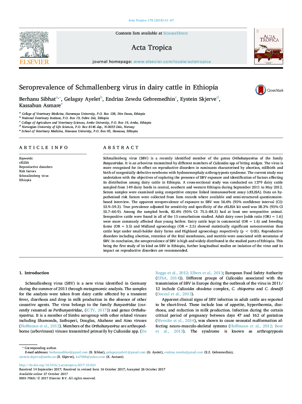 Seroprevalence of Schmallenberg virus in dairy cattle in Ethiopia