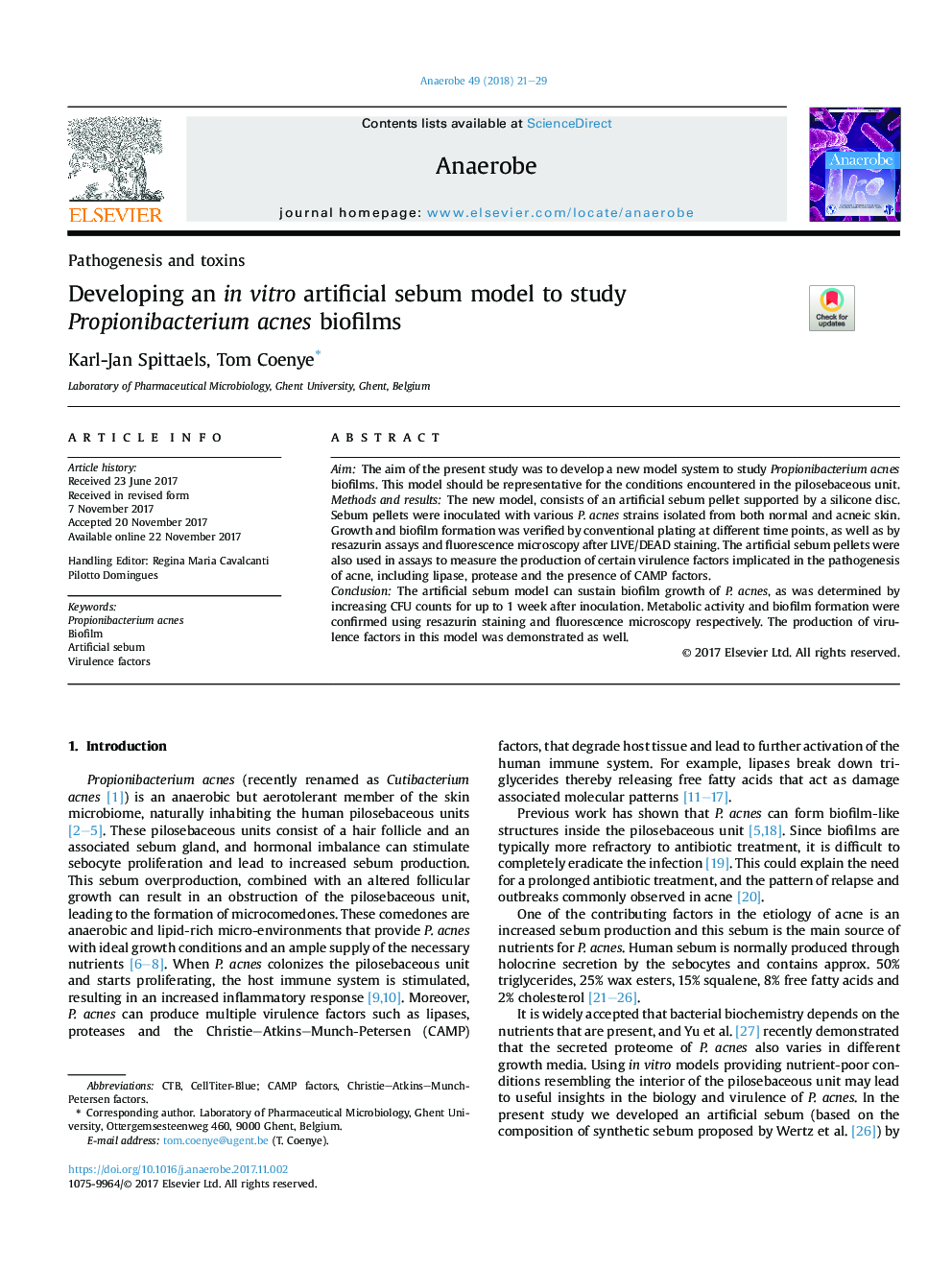 Developing an inÂ vitro artificial sebum model to study Propionibacterium acnes biofilms