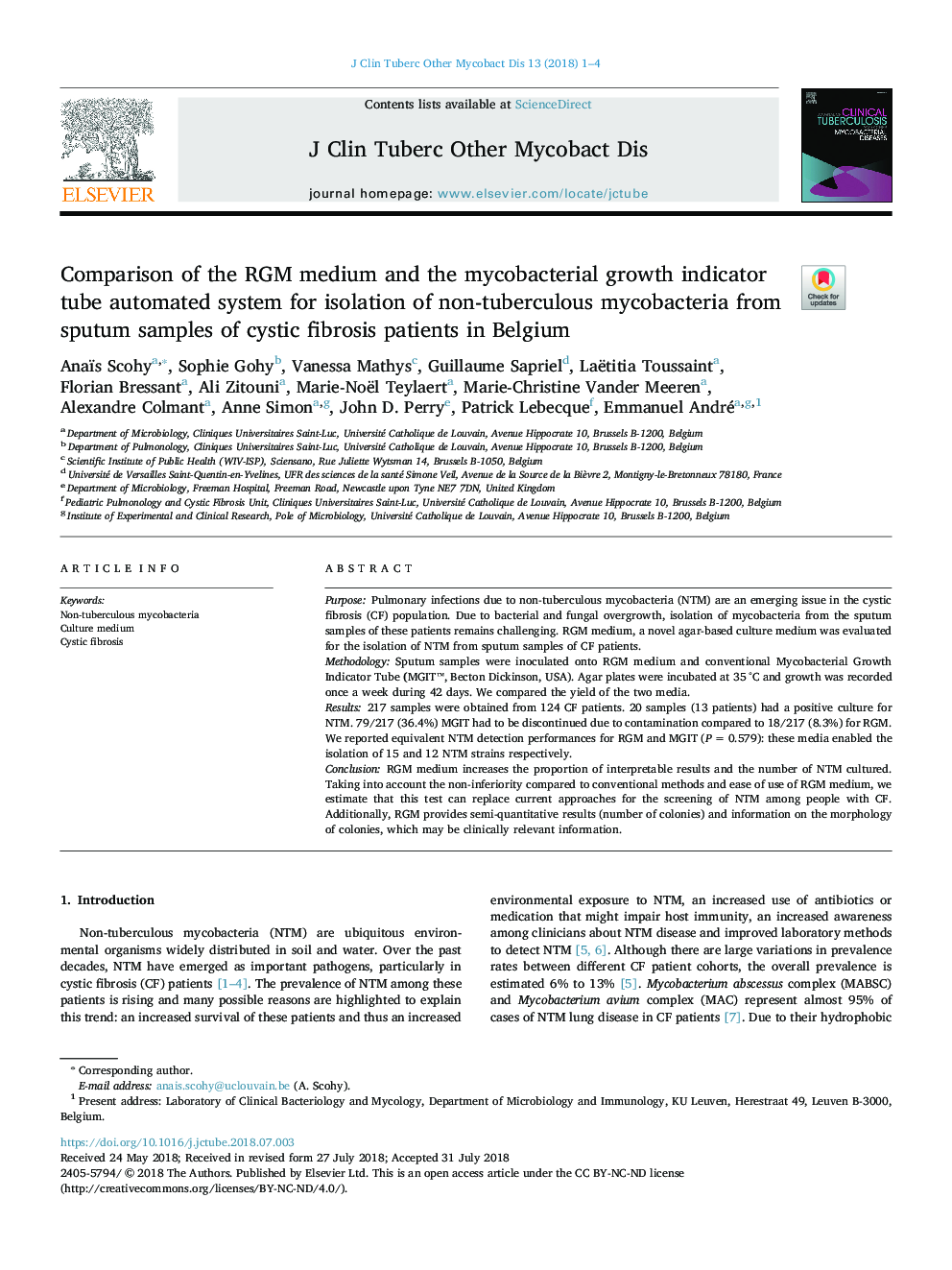 Comparison of the RGM medium and the mycobacterial growth indicator tube automated system for isolation of non-tuberculous mycobacteria from sputum samples of cystic fibrosis patients in Belgium