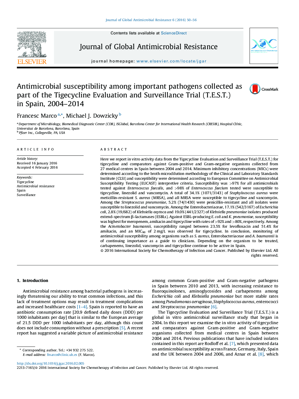 Antimicrobial susceptibility among important pathogens collected as part of the Tigecycline Evaluation and Surveillance Trial (T.E.S.T.) in Spain, 2004-2014