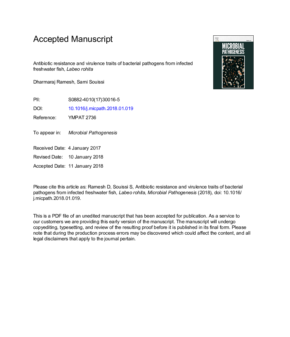 Antibiotic resistance and virulence traits of bacterial pathogens from infected freshwater fish, Labeo rohita