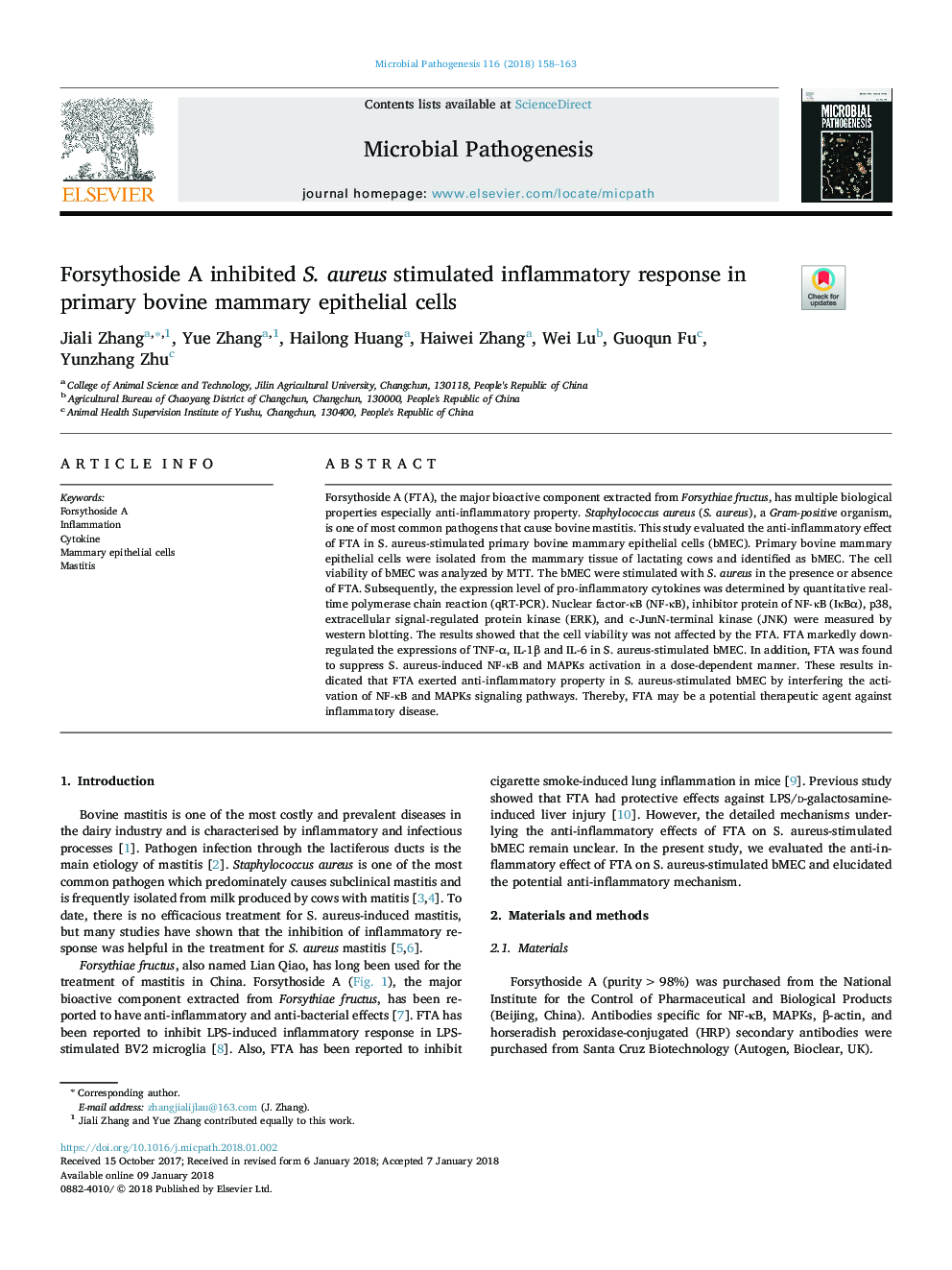 Forsythoside A inhibited S. aureus stimulated inflammatory response in primary bovine mammary epithelial cells