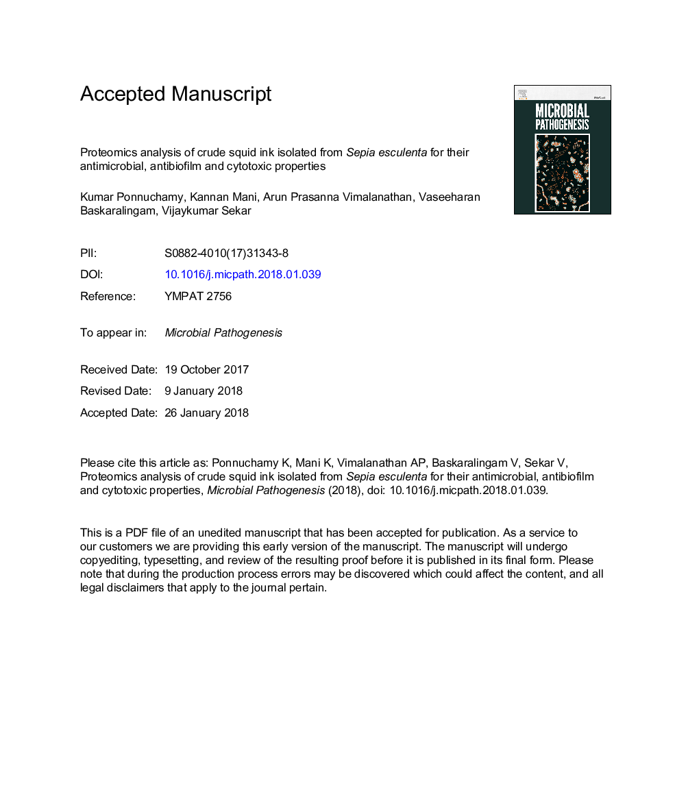 Proteomics analysis of crude squid ink isolated from Sepia esculenta for their antimicrobial, antibiofilm and cytotoxic properties