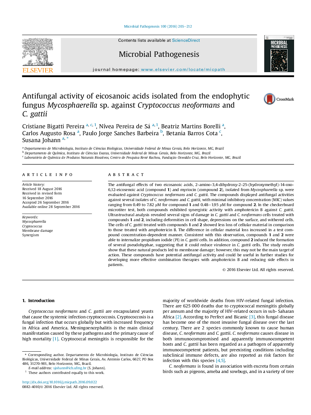 Antifungal activity of eicosanoic acids isolated from the endophytic fungus Mycosphaerella sp. against Cryptococcus neoformans and C.Â gattii