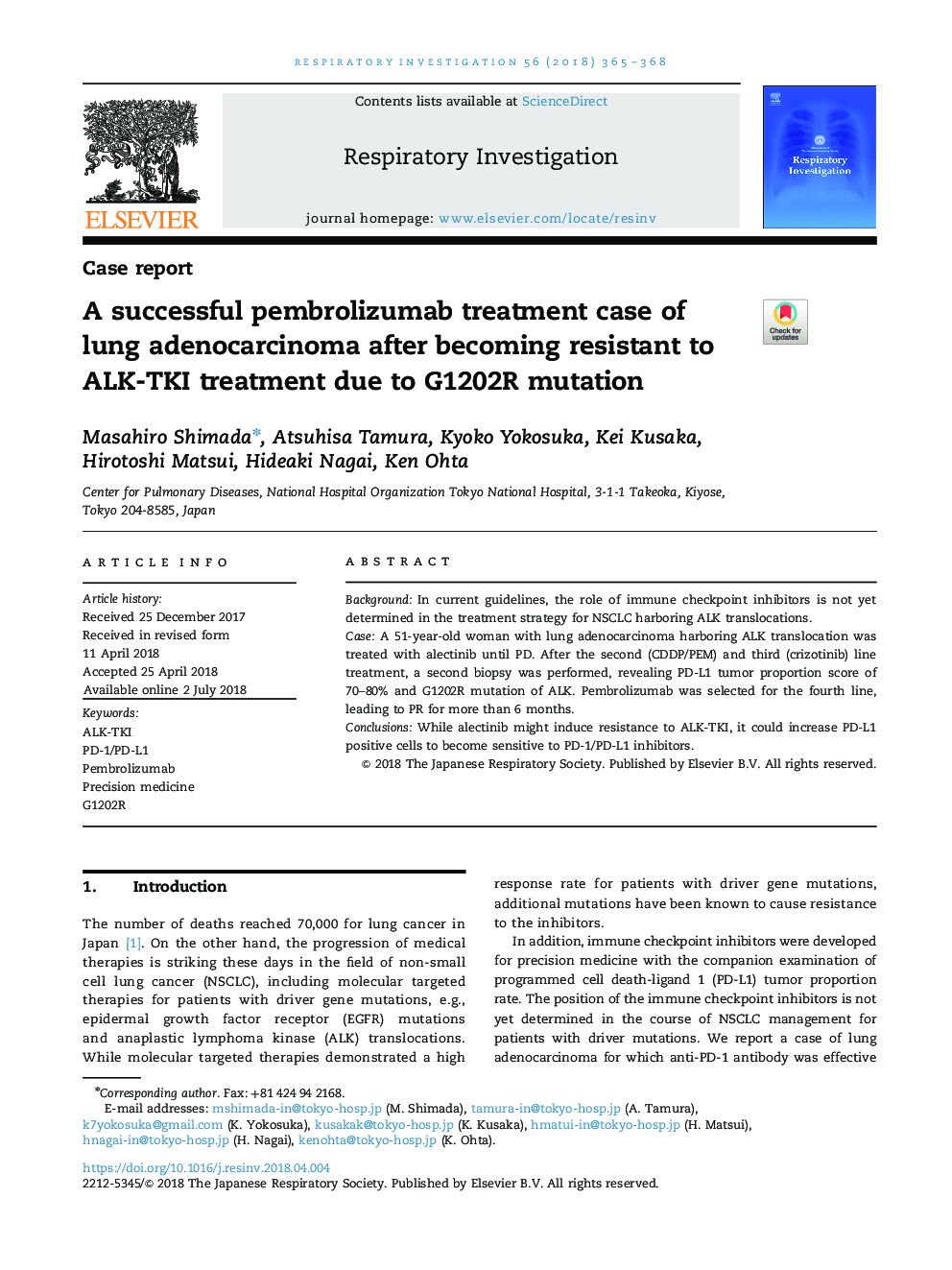 A successful pembrolizumab treatment case of lung adenocarcinoma after becoming resistant to ALK-TKI treatment due to G1202R mutation