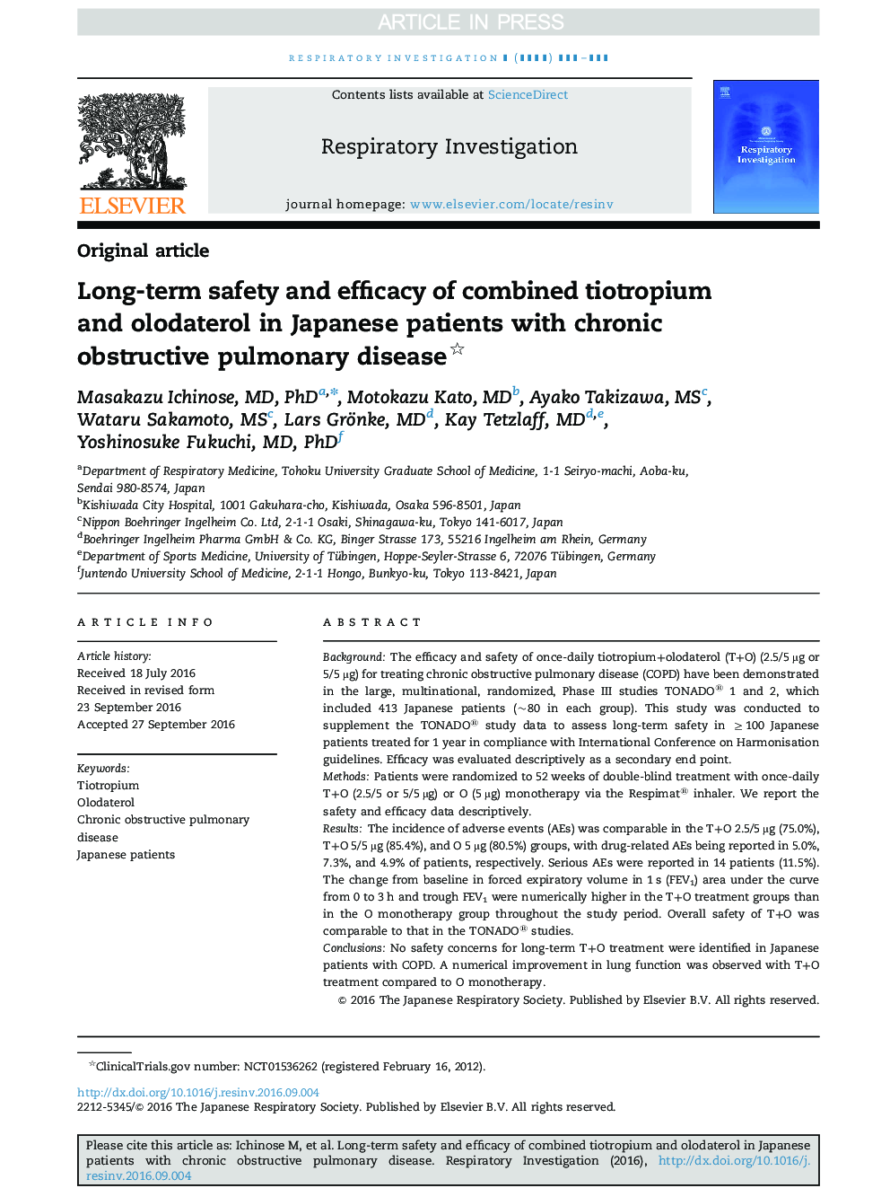 Long-term safety and efficacy of combined tiotropium and olodaterol in Japanese patients with chronic obstructive pulmonary disease