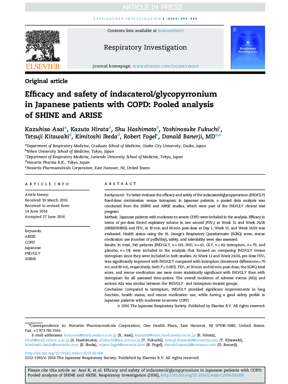 Efficacy and safety of indacaterol/glycopyrronium in Japanese patients with COPD: Pooled analysis of SHINE and ARISE