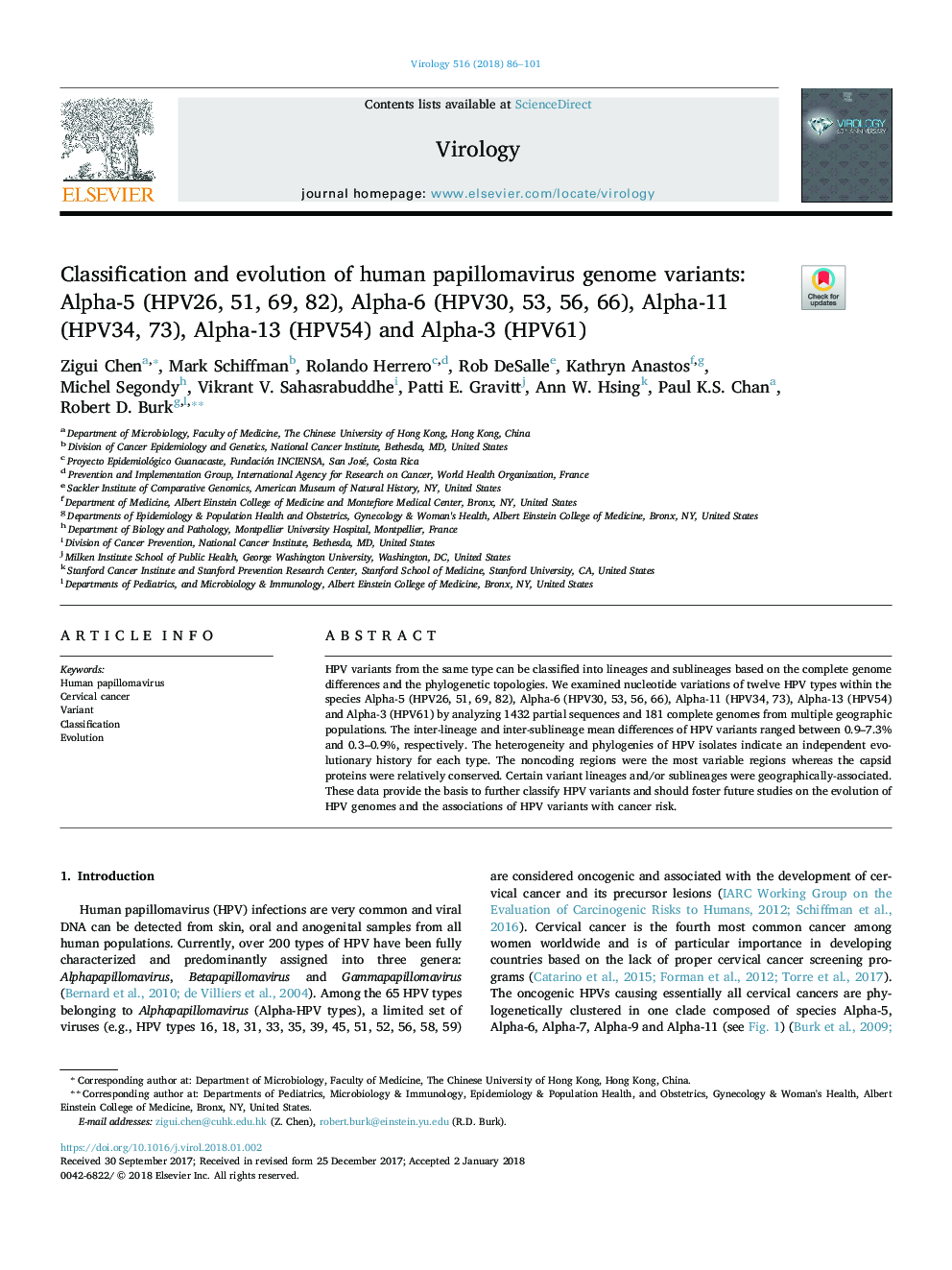 Classification and evolution of human papillomavirus genome variants: Alpha-5 (HPV26, 51, 69, 82), Alpha-6 (HPV30, 53, 56, 66), Alpha-11 (HPV34, 73), Alpha-13 (HPV54) and Alpha-3 (HPV61)