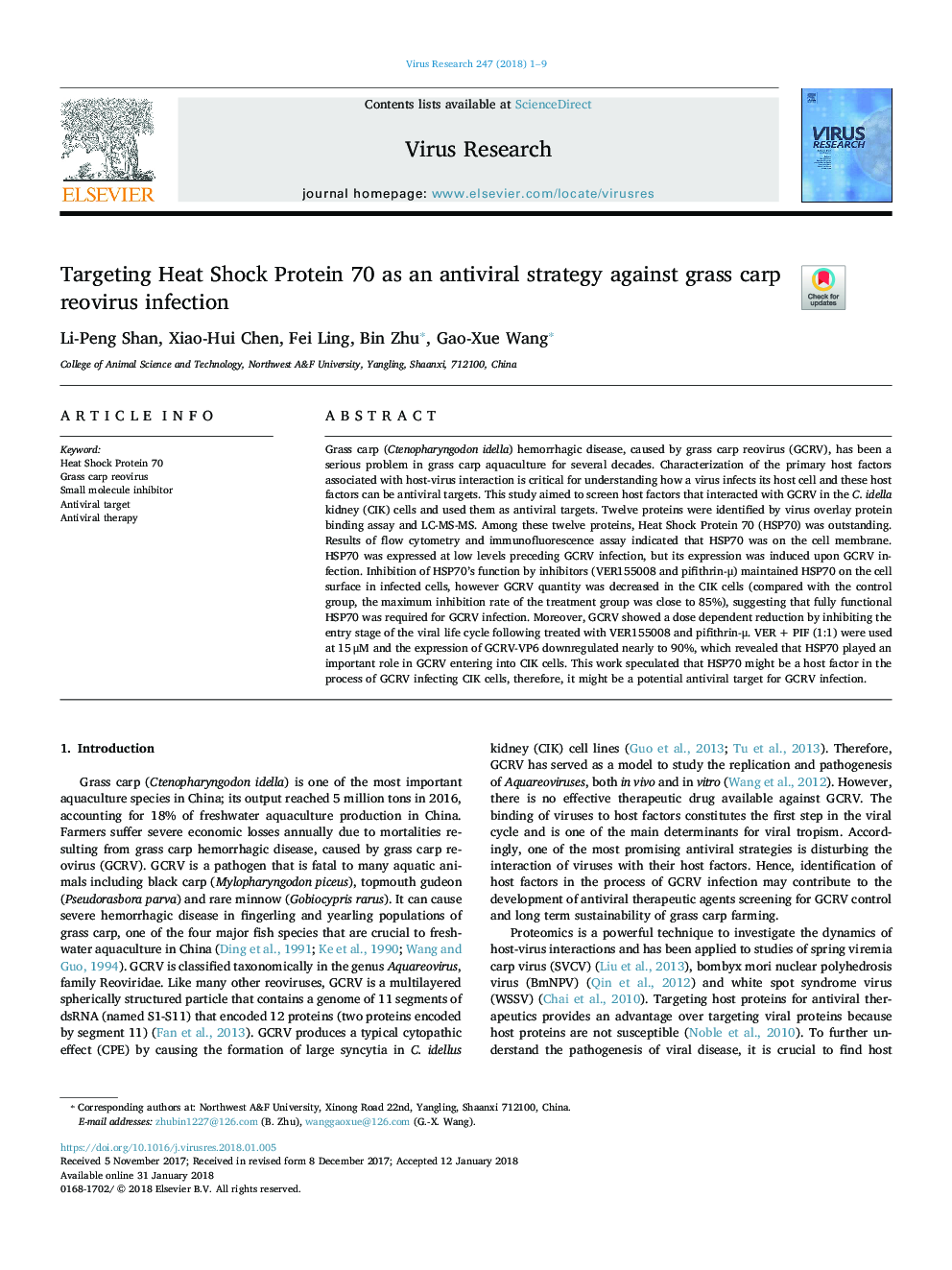 Targeting Heat Shock Protein 70 as an antiviral strategy against grass carp reovirus infection