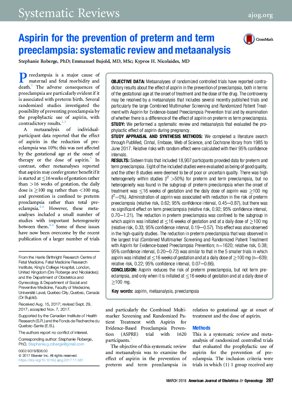 آسپرین برای جلوگیری از پره اکلامپسی پیش از زایمان و مدت: بررسی منظم و متاآنالیز 