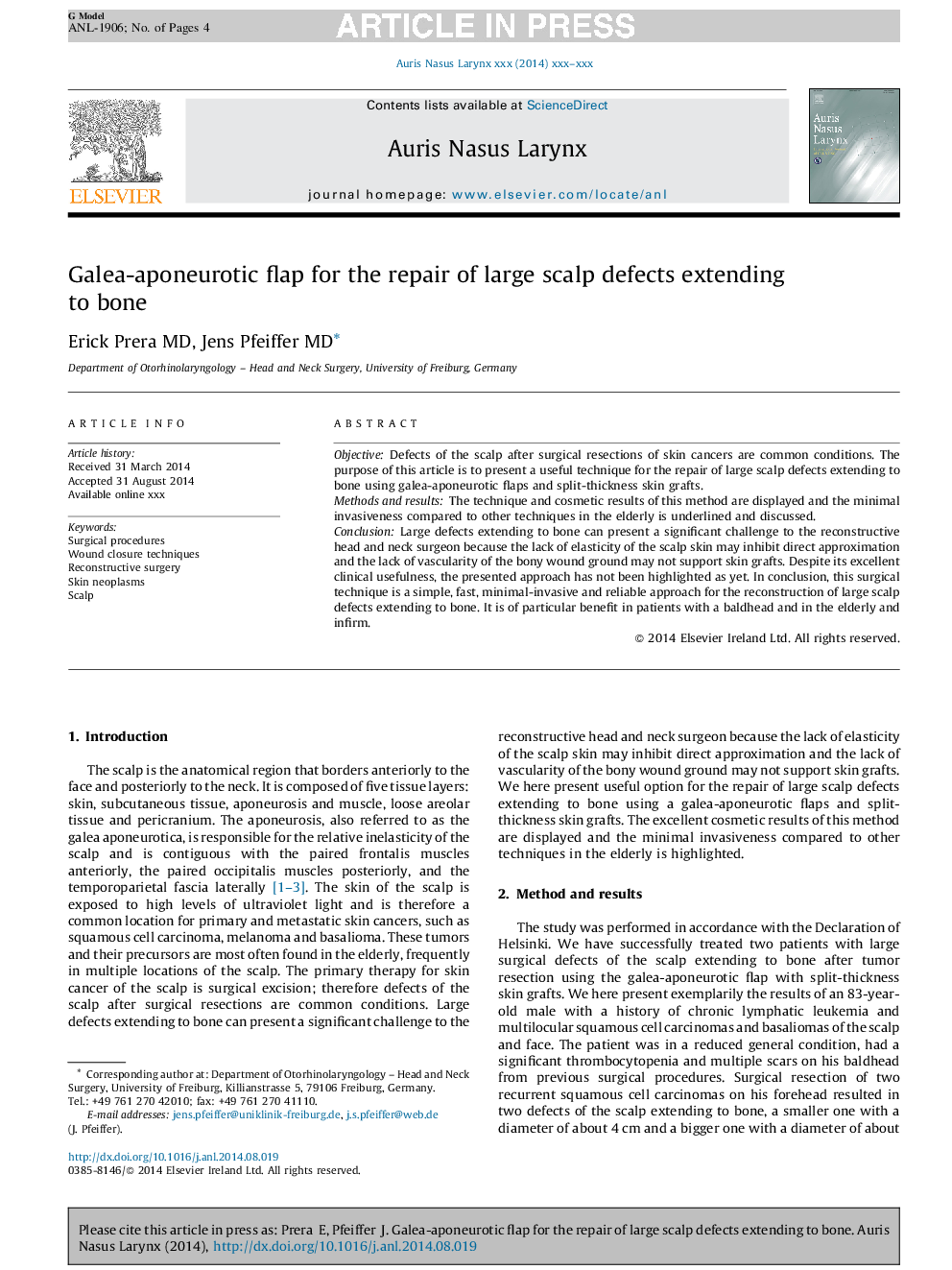 Galea-aponeurotic flap for the repair of large scalp defects extending to bone