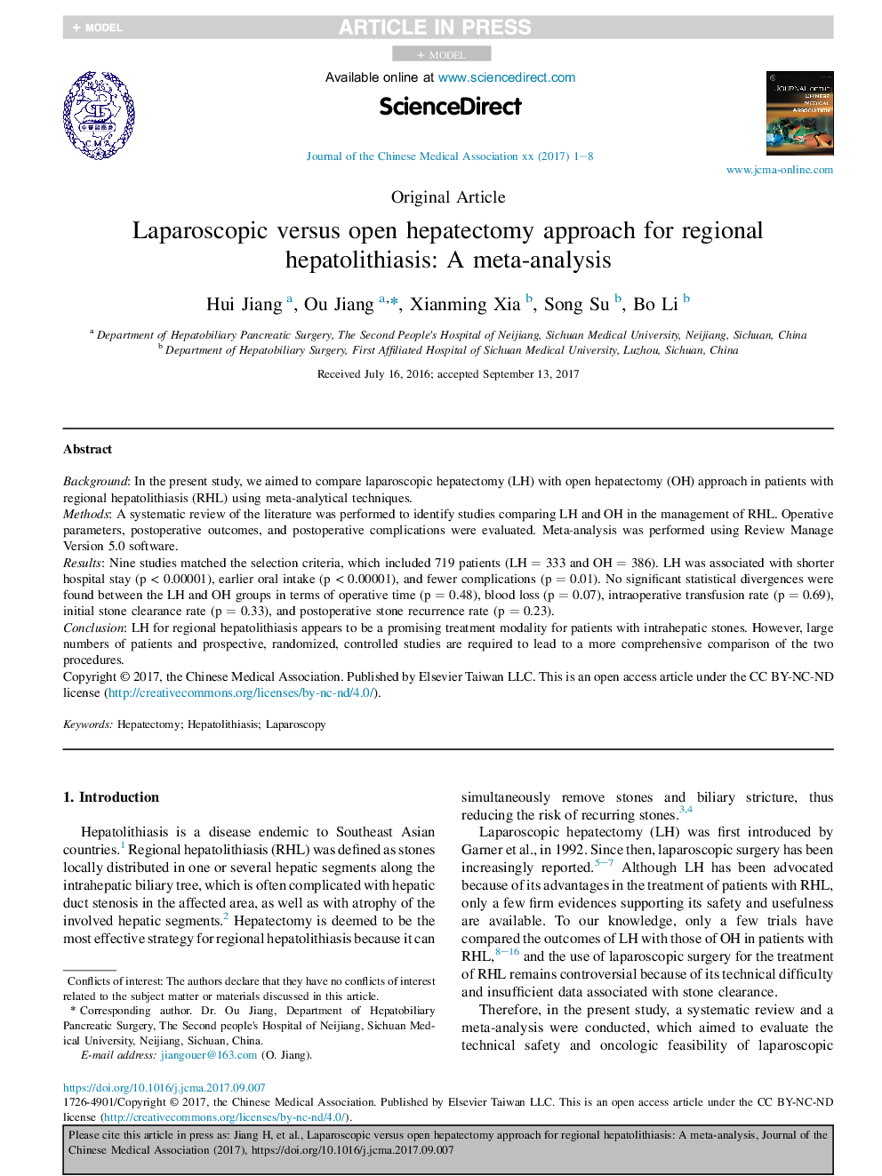 Laparoscopic versus open hepatectomy approach for regional hepatolithiasis: A meta-analysis