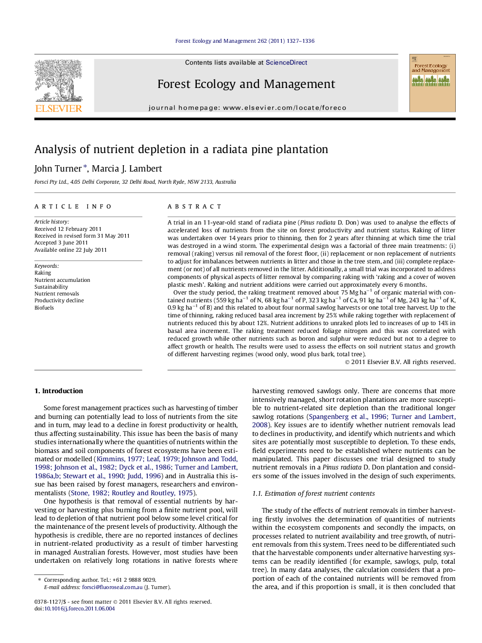 Analysis of nutrient depletion in a radiata pine plantation