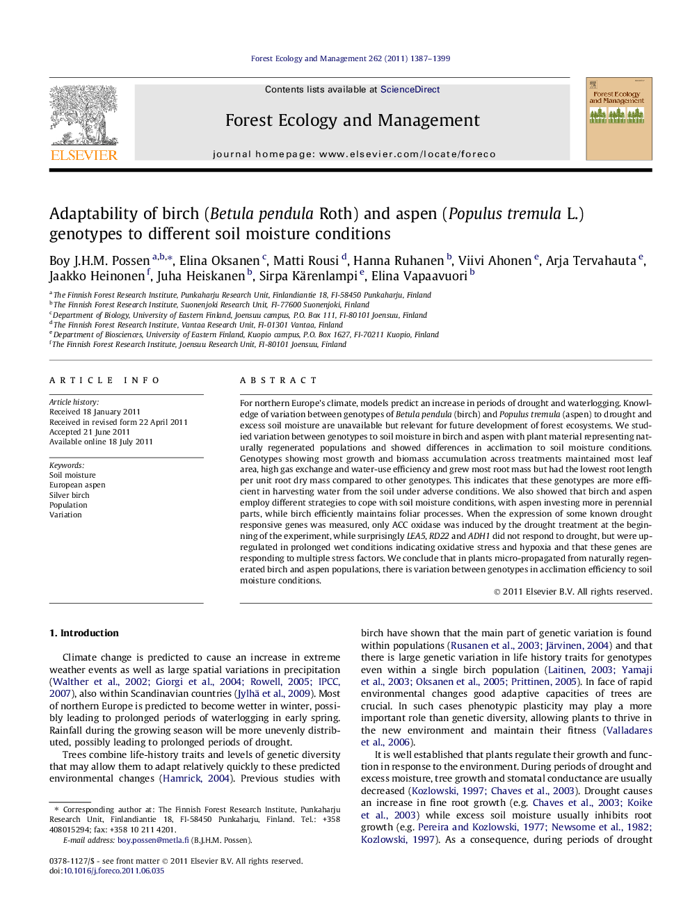 Adaptability of birch (Betula pendula Roth) and aspen (Populus tremula L.) genotypes to different soil moisture conditions