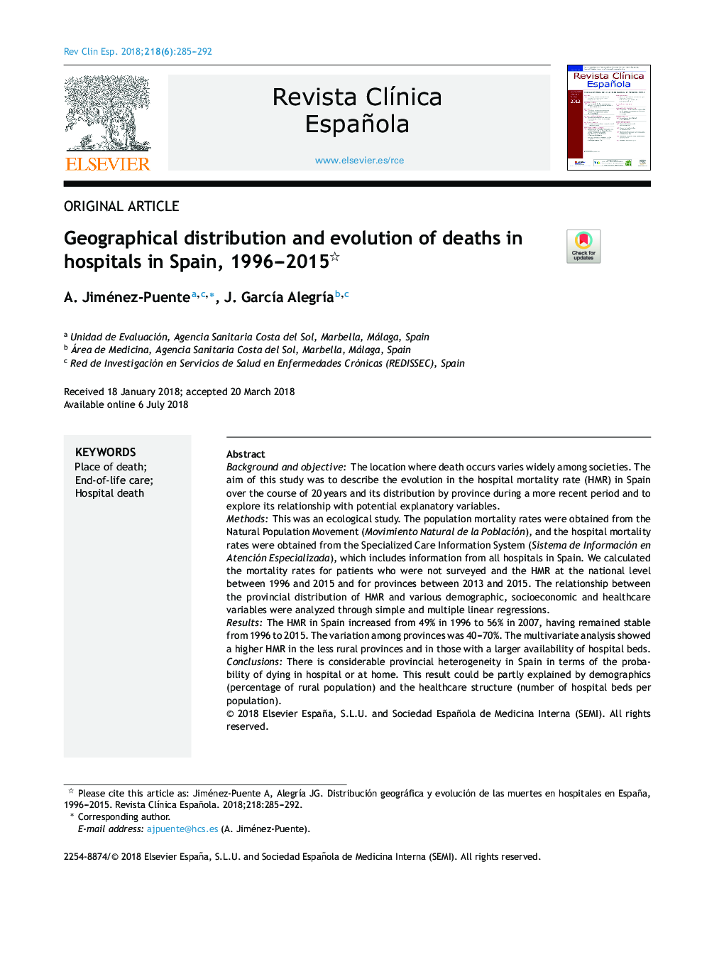 توزیع و تکامل جغرافیایی مرگ و میر در بیمارستان ها در اسپانیا، 1996-2015 