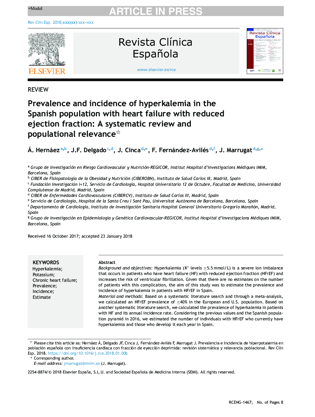 شیوع و بروز هیپرکالمی در جمعیت اسپانیایی با نارسایی قلبی و کاهش کسر خروجی: یک بررسی منظم و ارتباط جمعیتی 