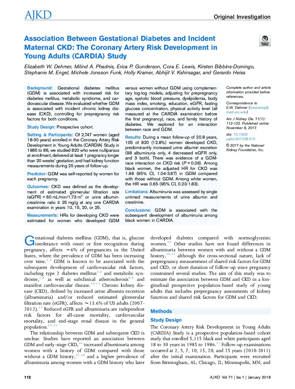 Association Between Gestational Diabetes and Incident Maternal CKD: The Coronary Artery Risk Development in Young Adults (CARDIA) Study