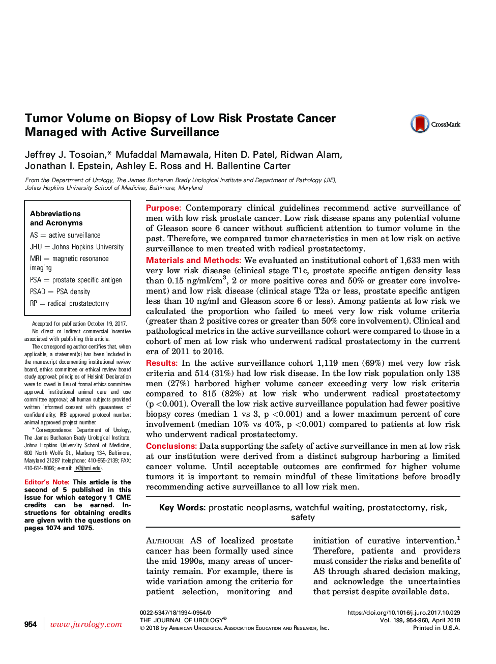 حجم تومور در بیوپسی سرطان پروستات کم خطر مدیریت شده با نظارت فعال است 