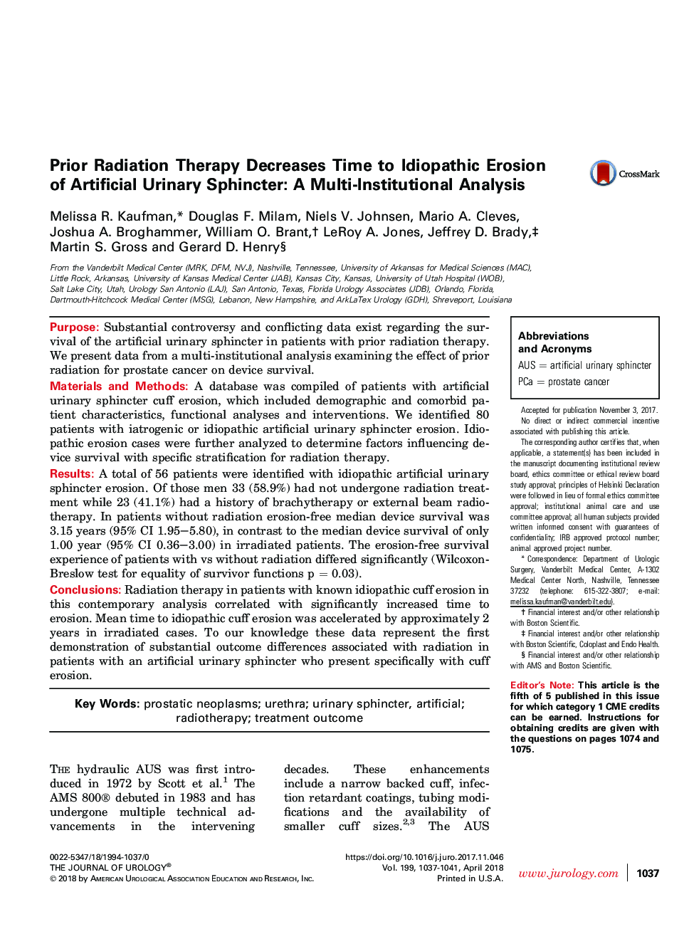 درمان پرتو درمانی قبل از بروز فرسایش ایدیوپاتی اسفنکتر ادراری مصنوعی کاهش می یابد: یک تحلیل چندعالم 