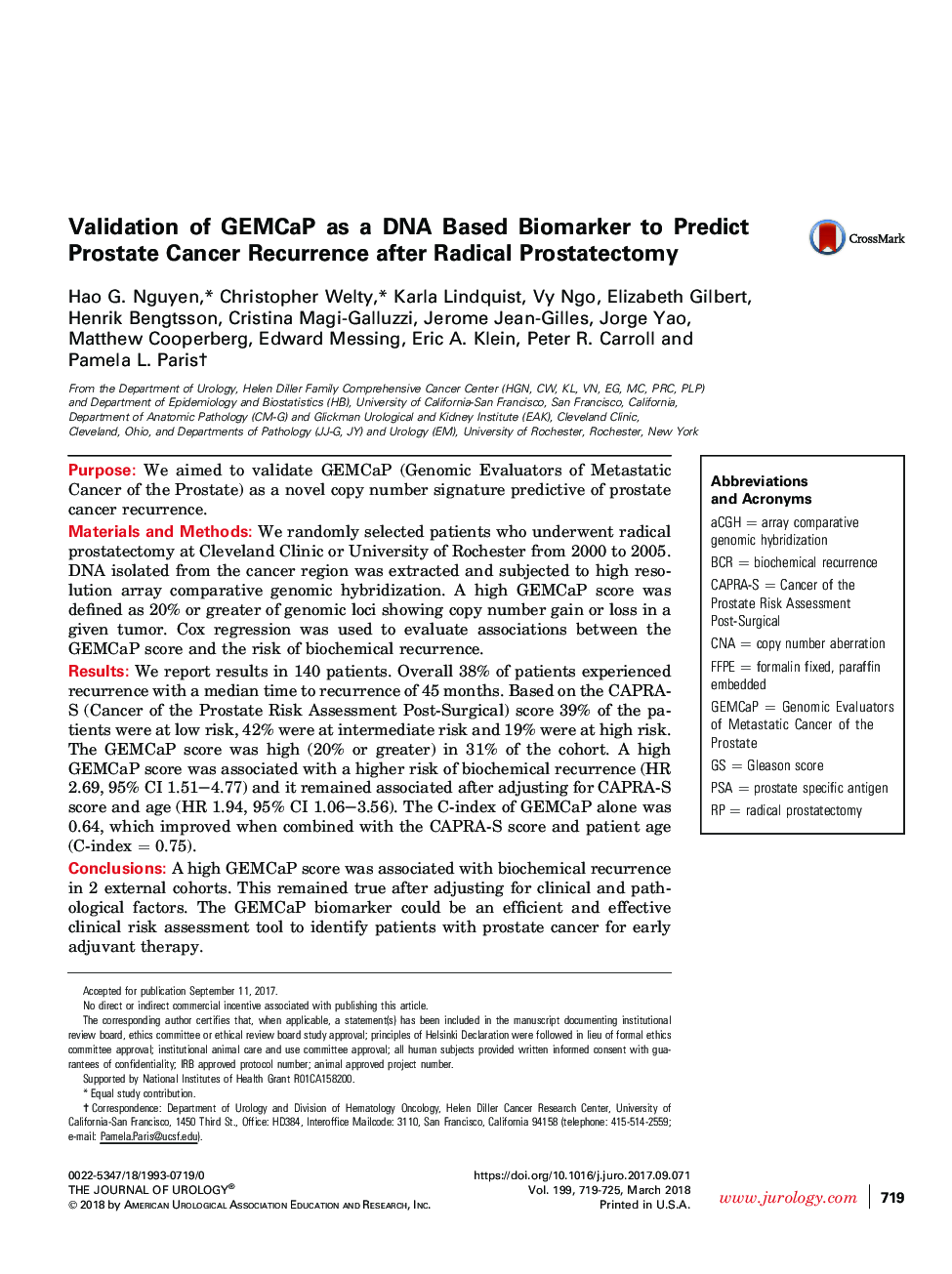 Validation of GEMCaP as a DNA Based Biomarker to Predict Prostate Cancer Recurrence after Radical Prostatectomy