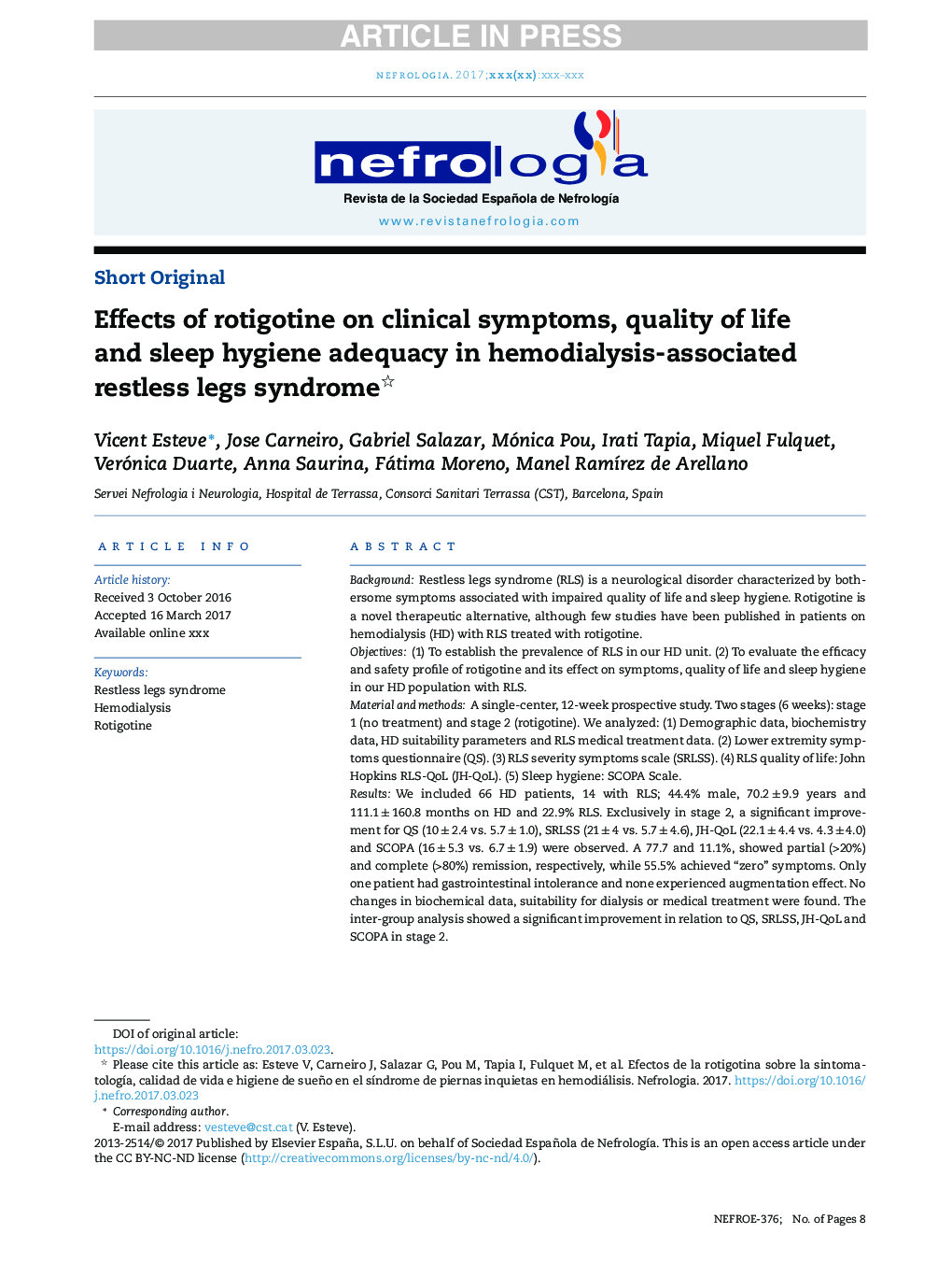 اثرات روتیگوتین بر علائم بالینی، کیفیت زندگی و کفایت بهداشت خواب در سندرم پاهای بیقراری مرتبط با همودیالیز 