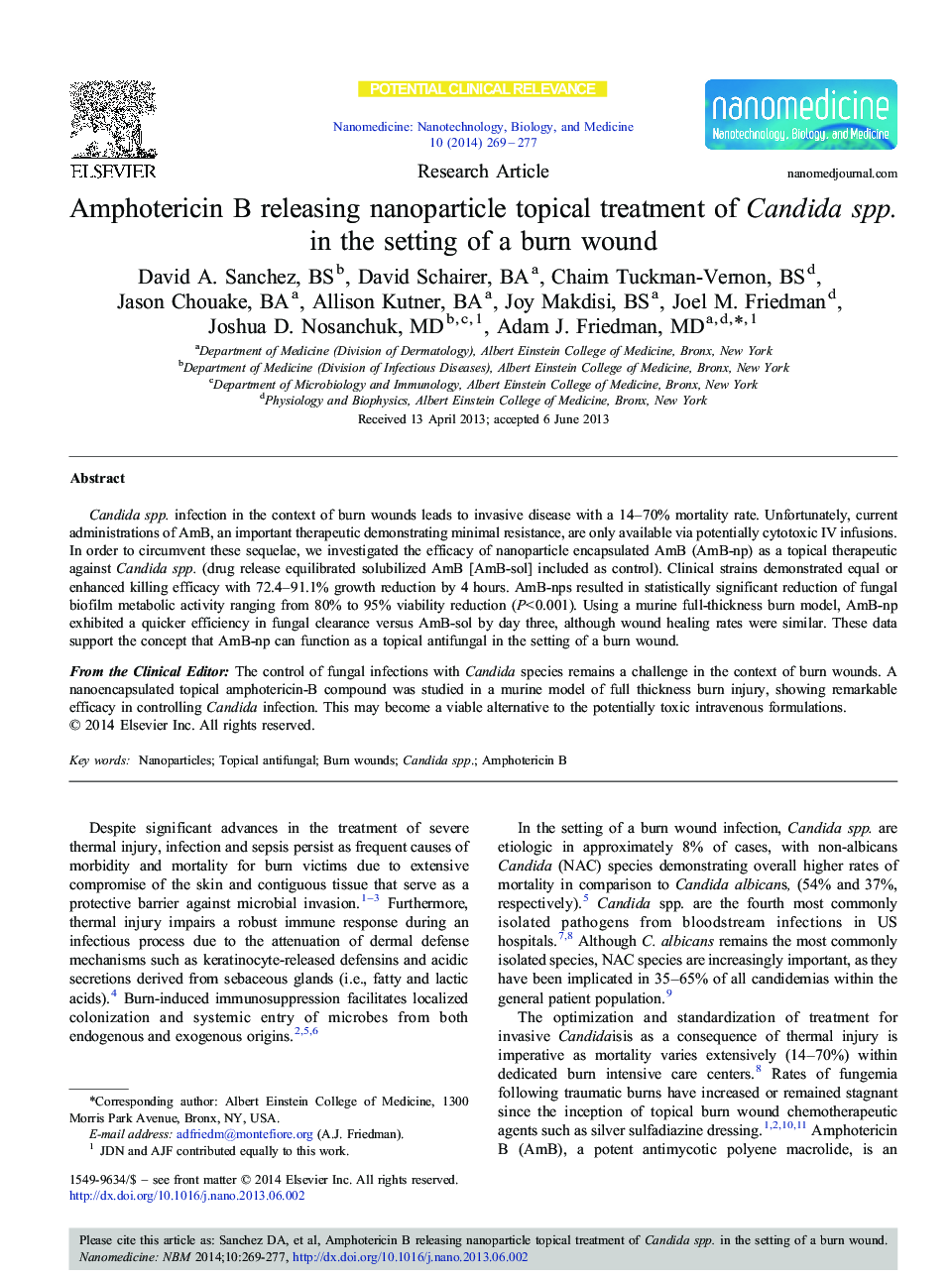 Amphotericin B releasing nanoparticle topical treatment of Candida spp. in the setting of a burn wound