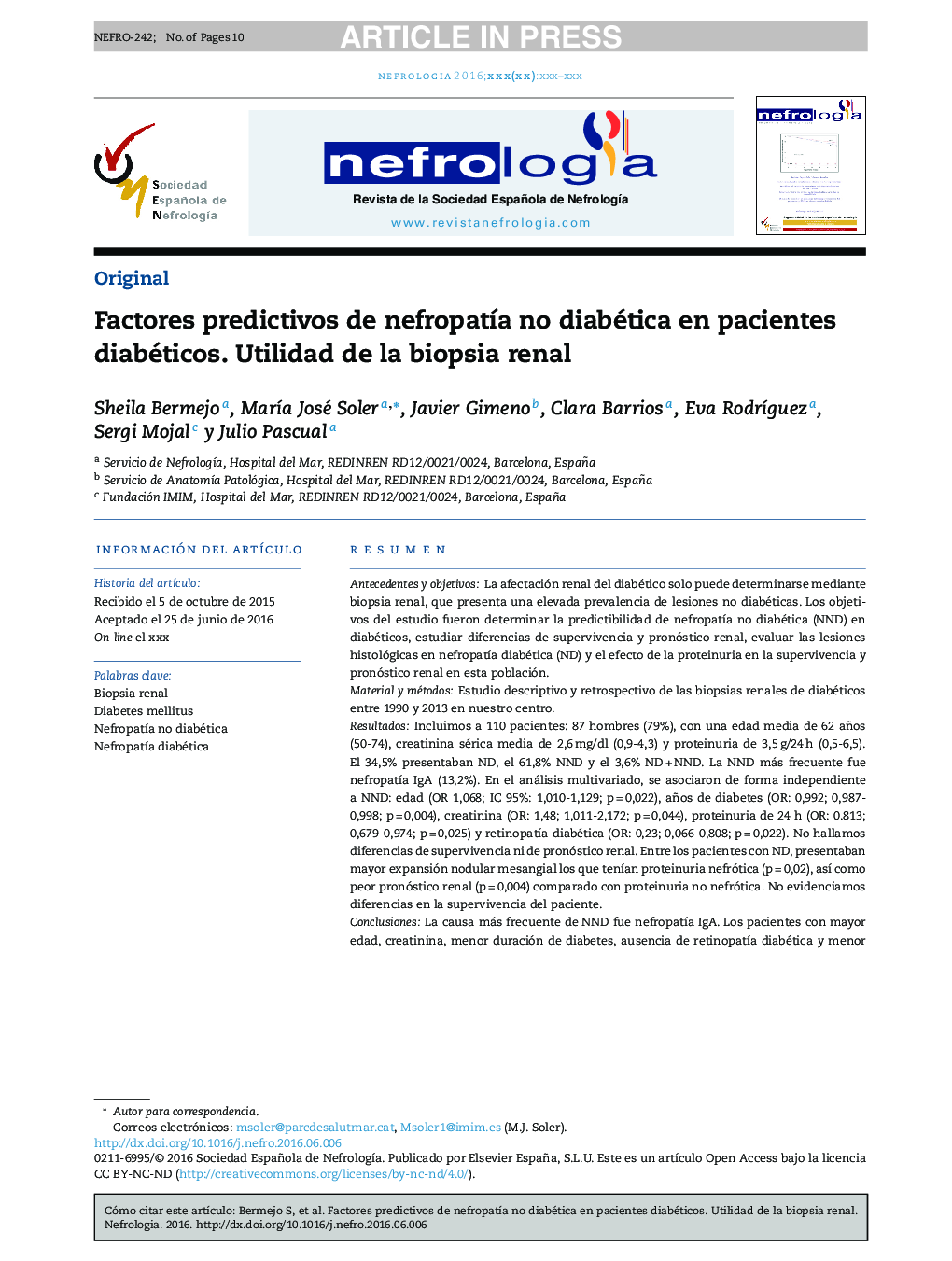 Factores predictivos de nefropatÃ­a no diabética en pacientes diabéticos. Utilidad de la biopsia renal