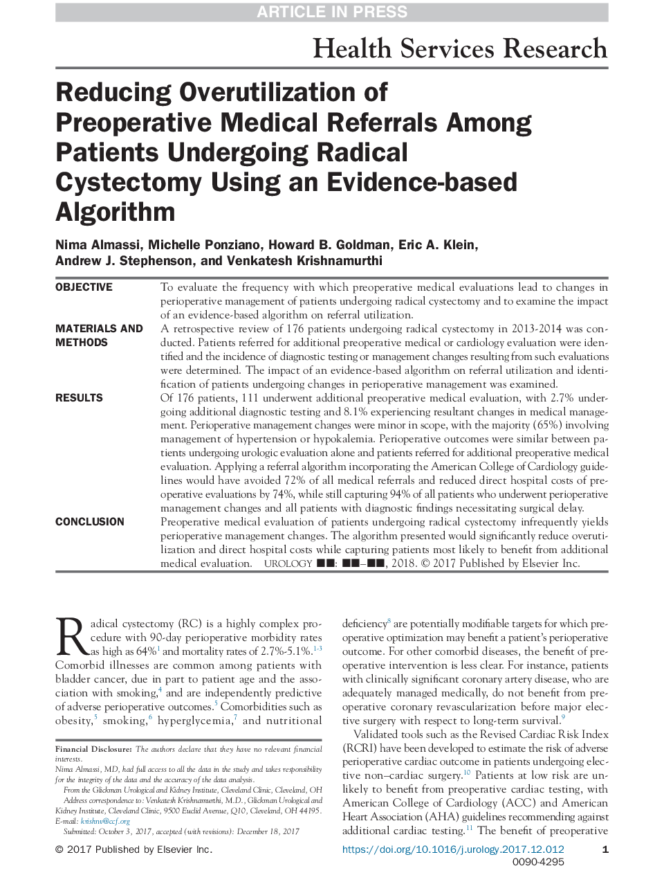 کاهش مجدد استفاده از مراجعات پزشکی قبل از عمل در بیماران مبتلا به سکتکتومی رادیکال با استفاده از الگوریتم مبتنی بر شواهد 
