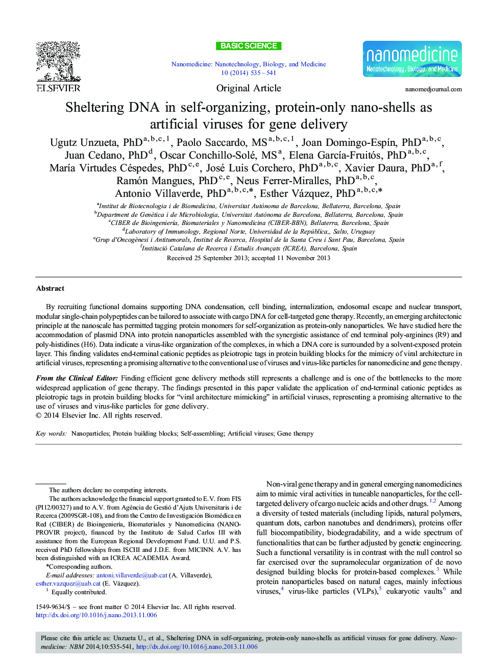 Sheltering DNA in self-organizing, protein-only nano-shells as artificial viruses for gene delivery 