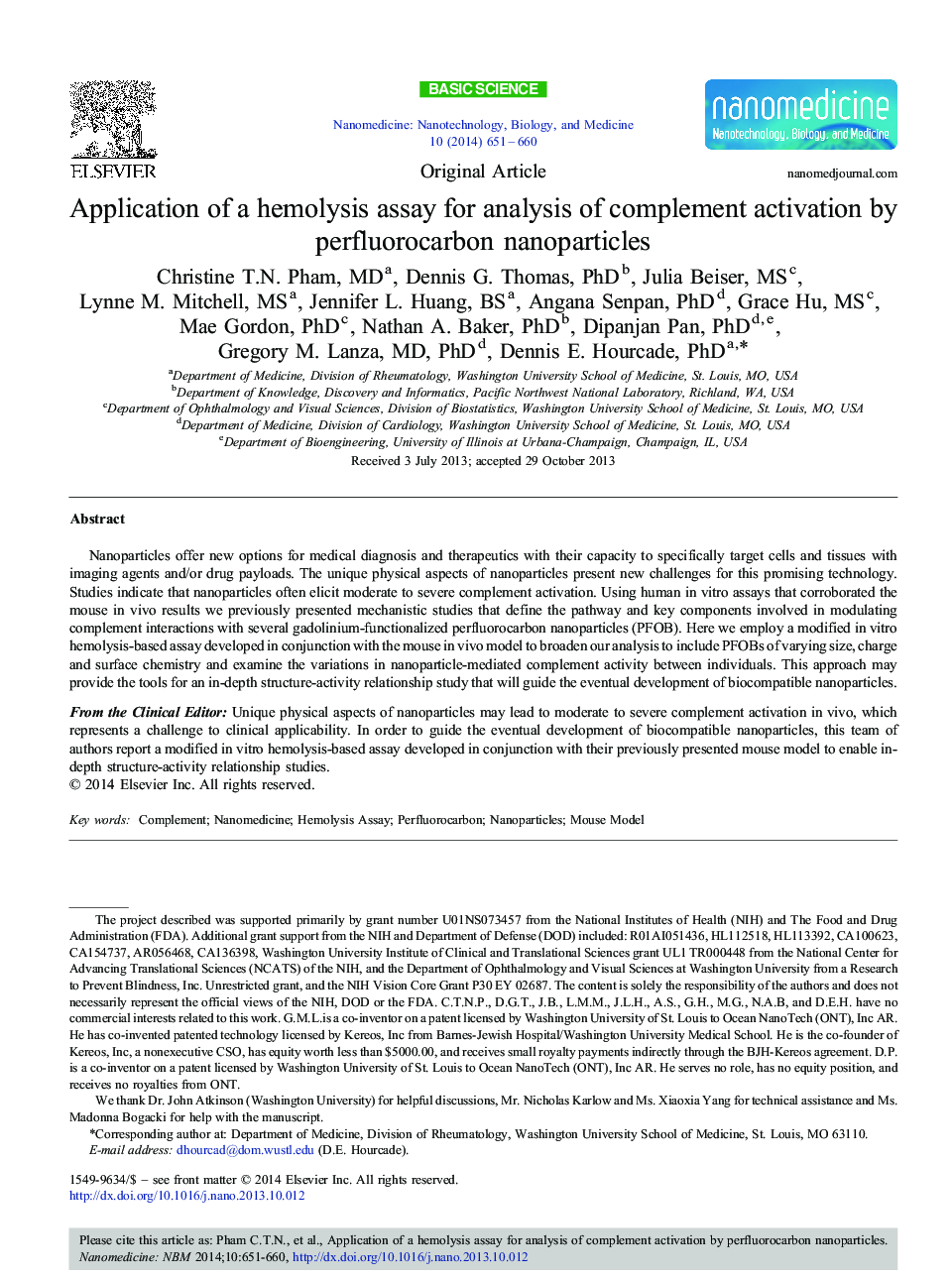 Application of a hemolysis assay for analysis of complement activation by perfluorocarbon nanoparticles 