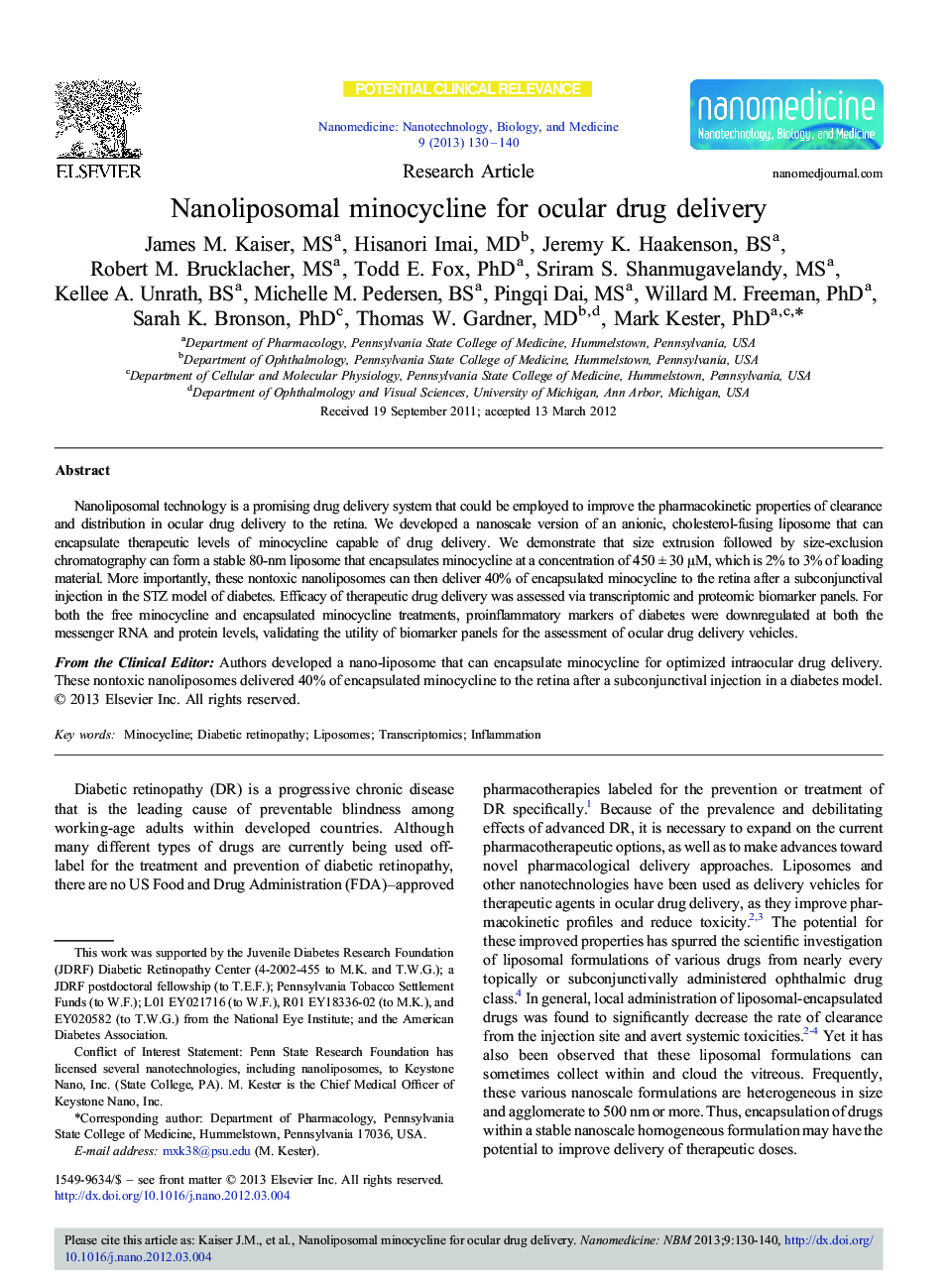 Nanoliposomal minocycline for ocular drug delivery 