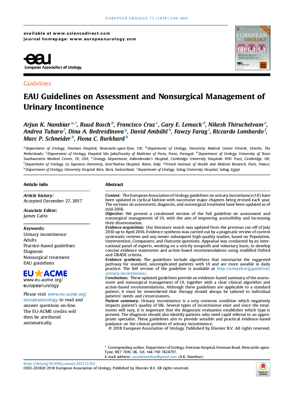 EAU Guidelines on Assessment and Nonsurgical Management of Urinary Incontinence