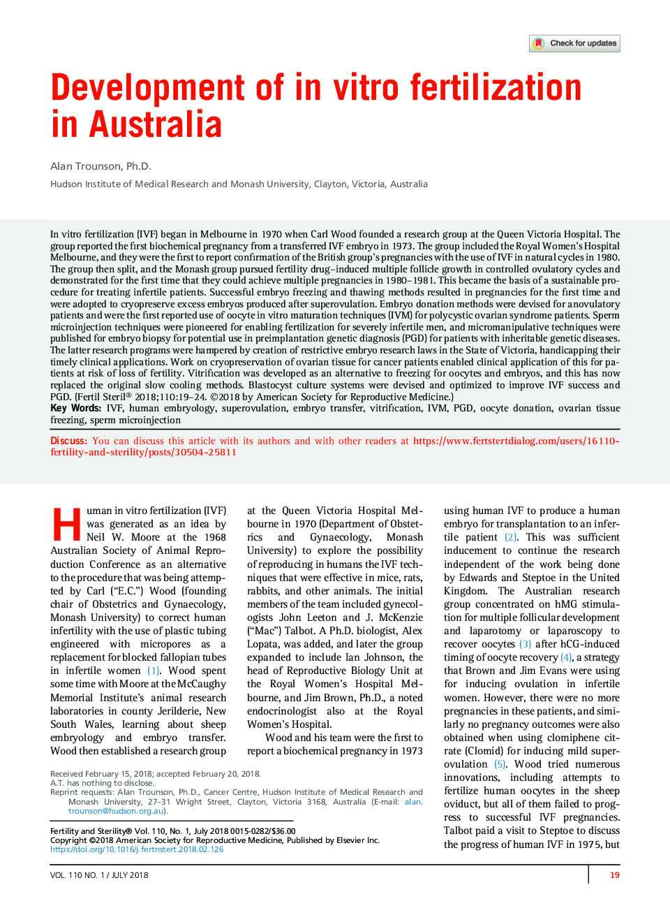Development of inÂ vitro fertilization in Australia