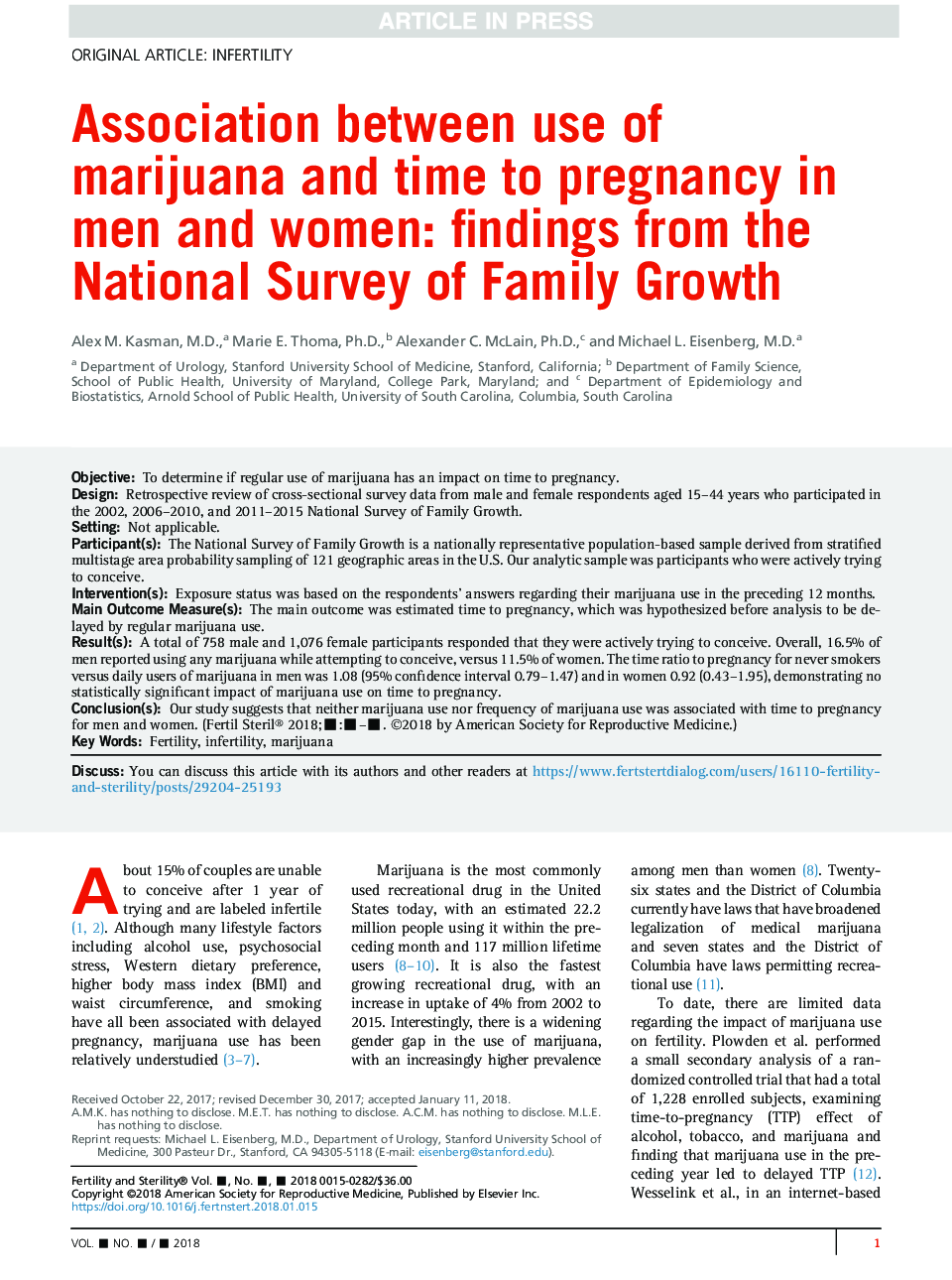 ارتباط بین استفاده از ماری جوانا و زمان بارداری در مردان و زنان: یافته های تحقیق ملی رشد خانواده 