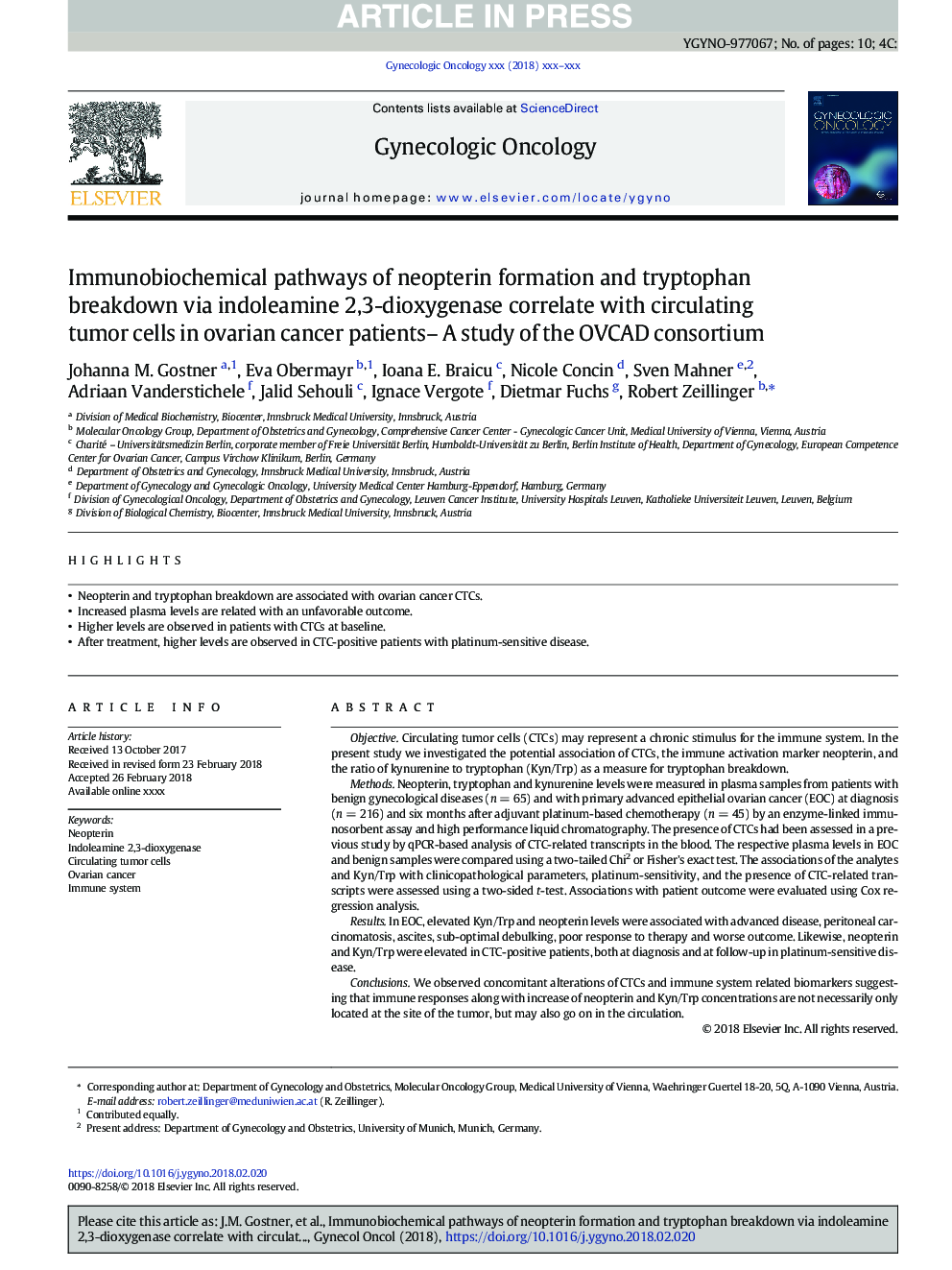 Immunobiochemical pathways of neopterin formation and tryptophan breakdown via indoleamine 2,3-dioxygenase correlate with circulating tumor cells in ovarian cancer patients- A study of the OVCAD consortium