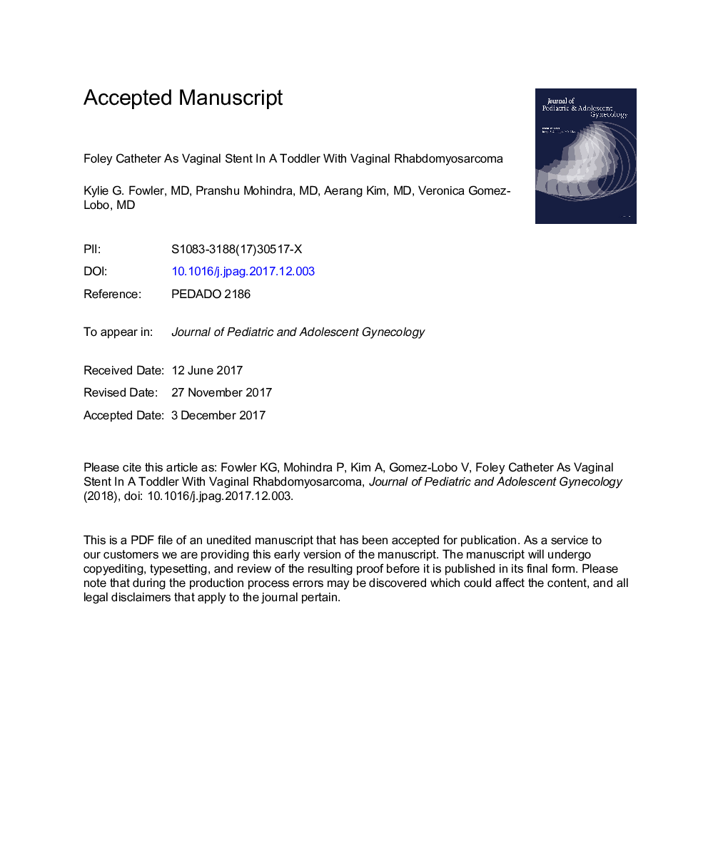 کاتتر فولی به عنوان یک استنت واژن در یک کودک نوپا با رابدومیوسارکوم واژینال 