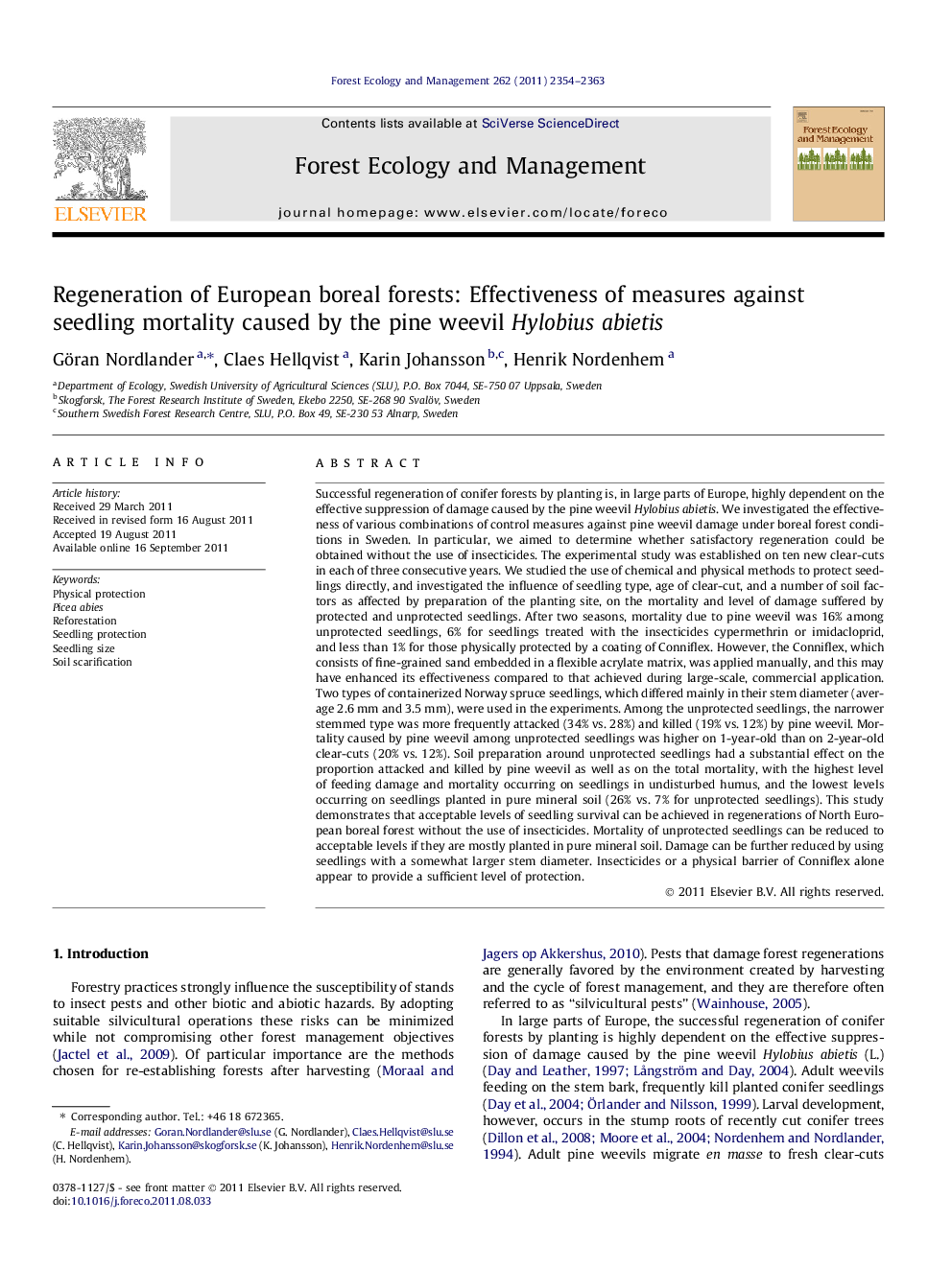 Regeneration of European boreal forests: Effectiveness of measures against seedling mortality caused by the pine weevil Hylobius abietis