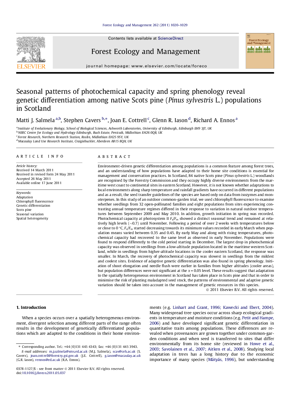 Seasonal patterns of photochemical capacity and spring phenology reveal genetic differentiation among native Scots pine (Pinus sylvestris L.) populations in Scotland