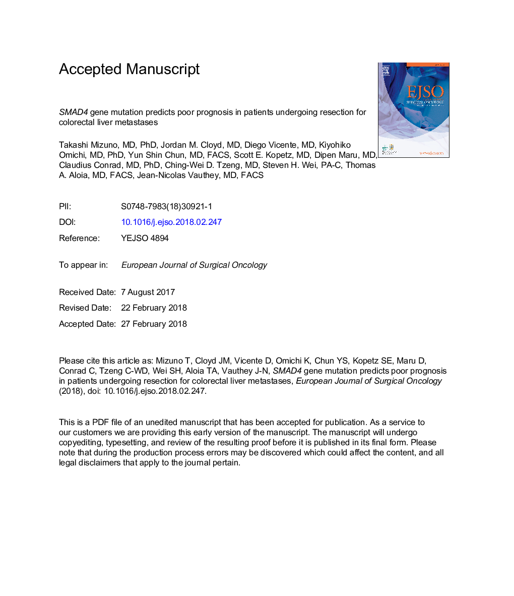 SMAD4 gene mutation predicts poor prognosis in patients undergoing resection for colorectal liver metastases