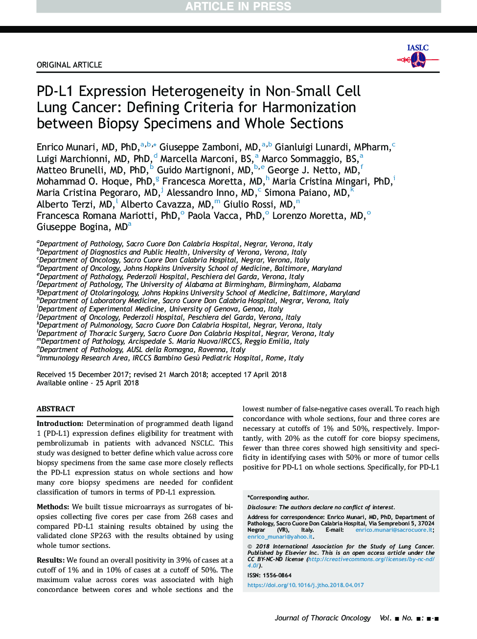 PD-L1 Expression Heterogeneity in Non-Small Cell Lung Cancer: Defining Criteria for Harmonization between Biopsy Specimens and Whole Sections