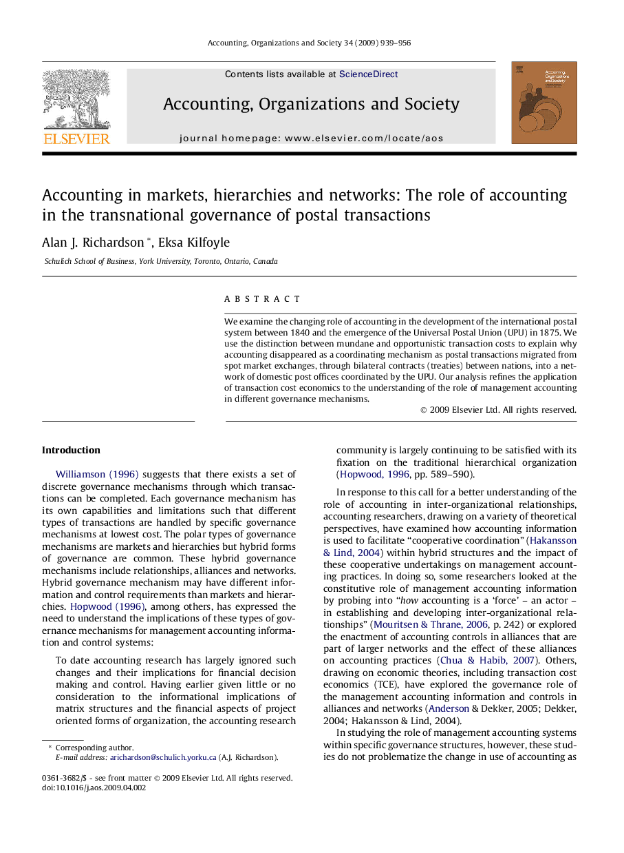 Accounting in markets, hierarchies and networks: The role of accounting in the transnational governance of postal transactions