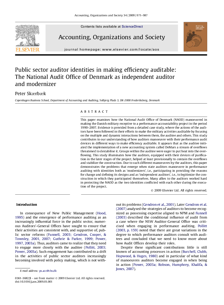 Public sector auditor identities in making efficiency auditable: The National Audit Office of Denmark as independent auditor and modernizer